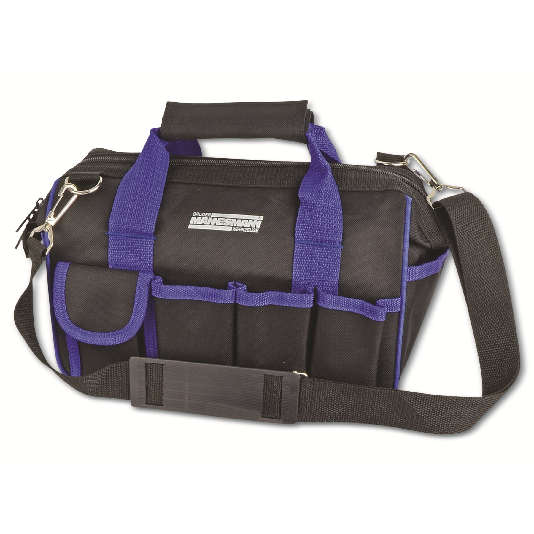 Schwarze und blaue Werkzeugtasche mit mehreren Taschen auf weißem Hintergrund.