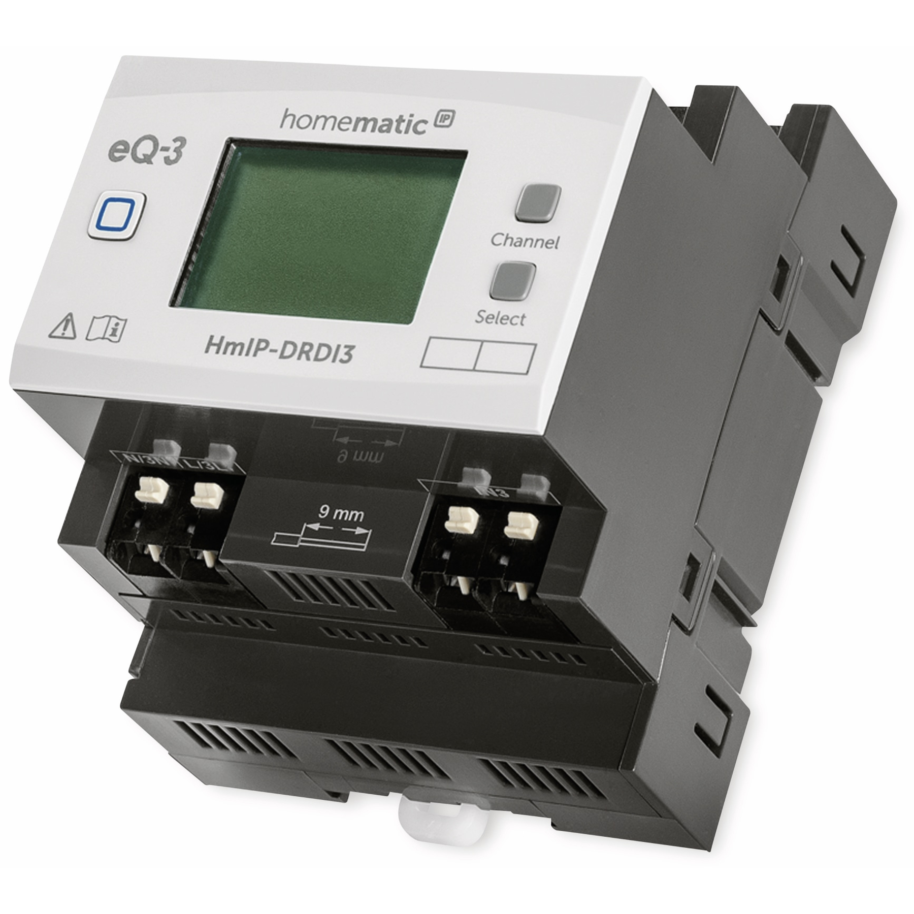 Graues Homematic eQ-3 HmIP-DRDI3 Gerät mit Bildschirm und Knöpfen.