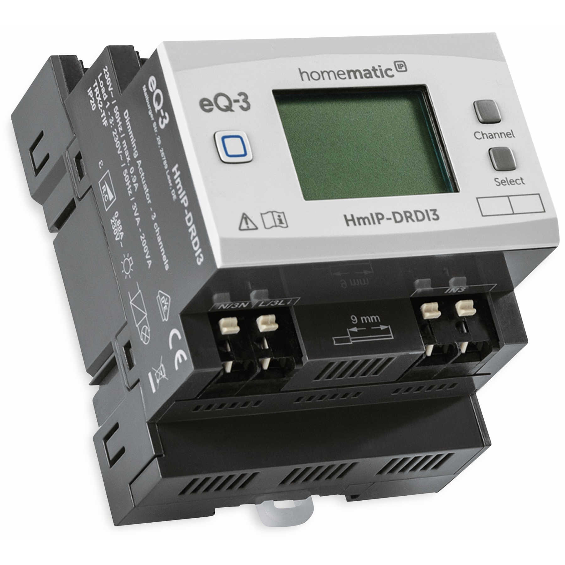 Ein graues und schwarzes Heimautomatisierungsgerät mit Bildschirm und Tasten wird gezeigt. Es trägt die Aufschrift 'eQ-3' und 'HmIP-DRDI3'.