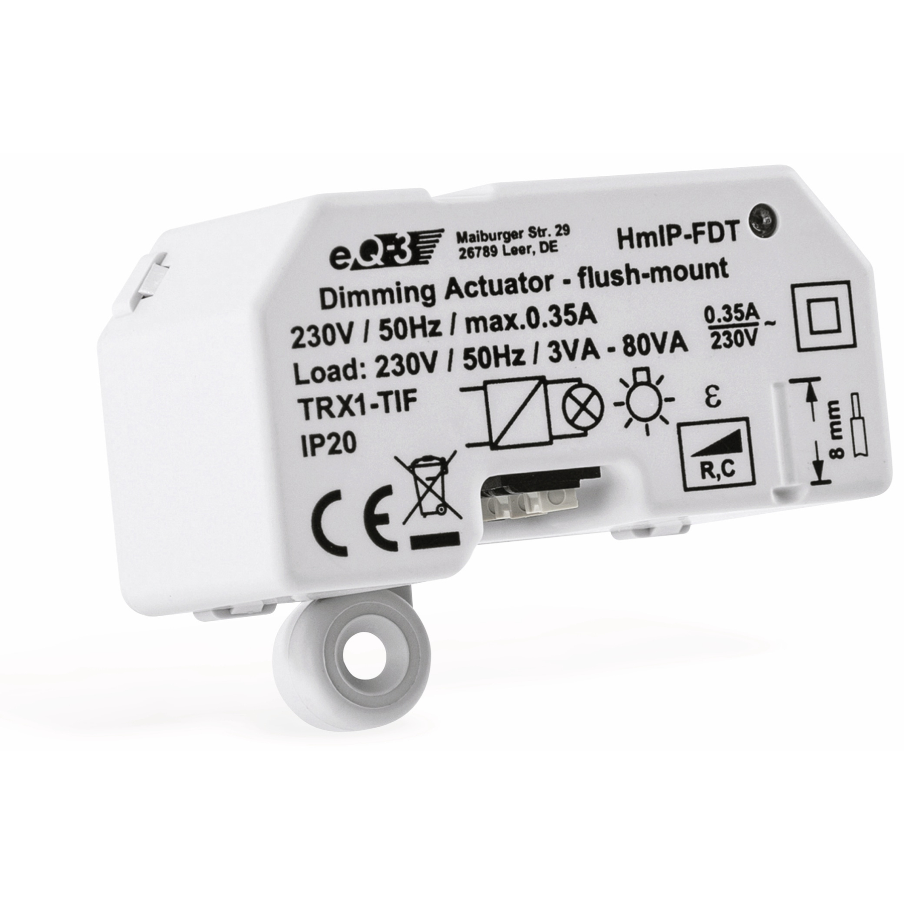 Biały ściemniacz z tekstem, białym złączem i małą cylindryczną częścią.