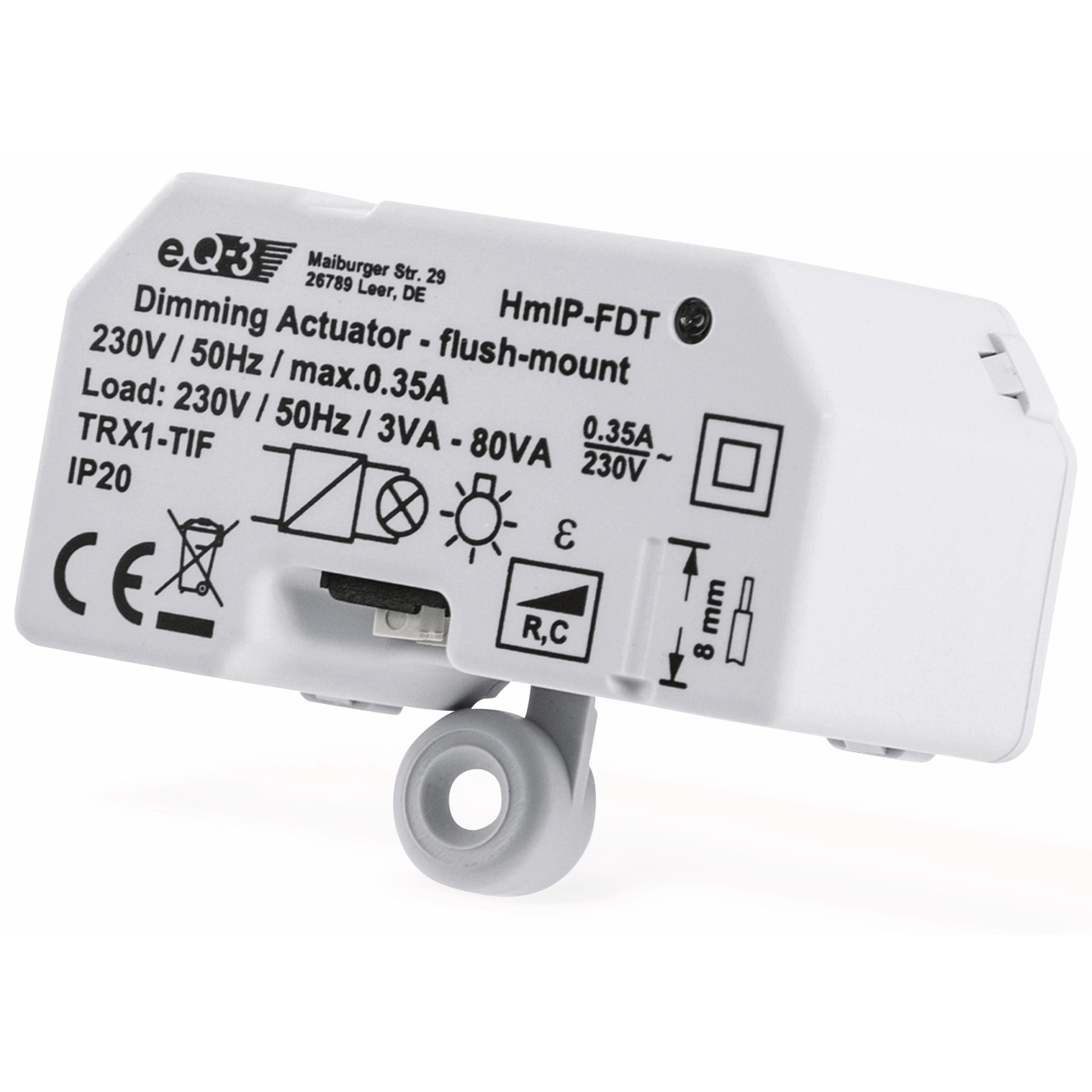 Biały ściemniacz. Zawiera tekst i symbole, z szarym pokrętłem regulacji.