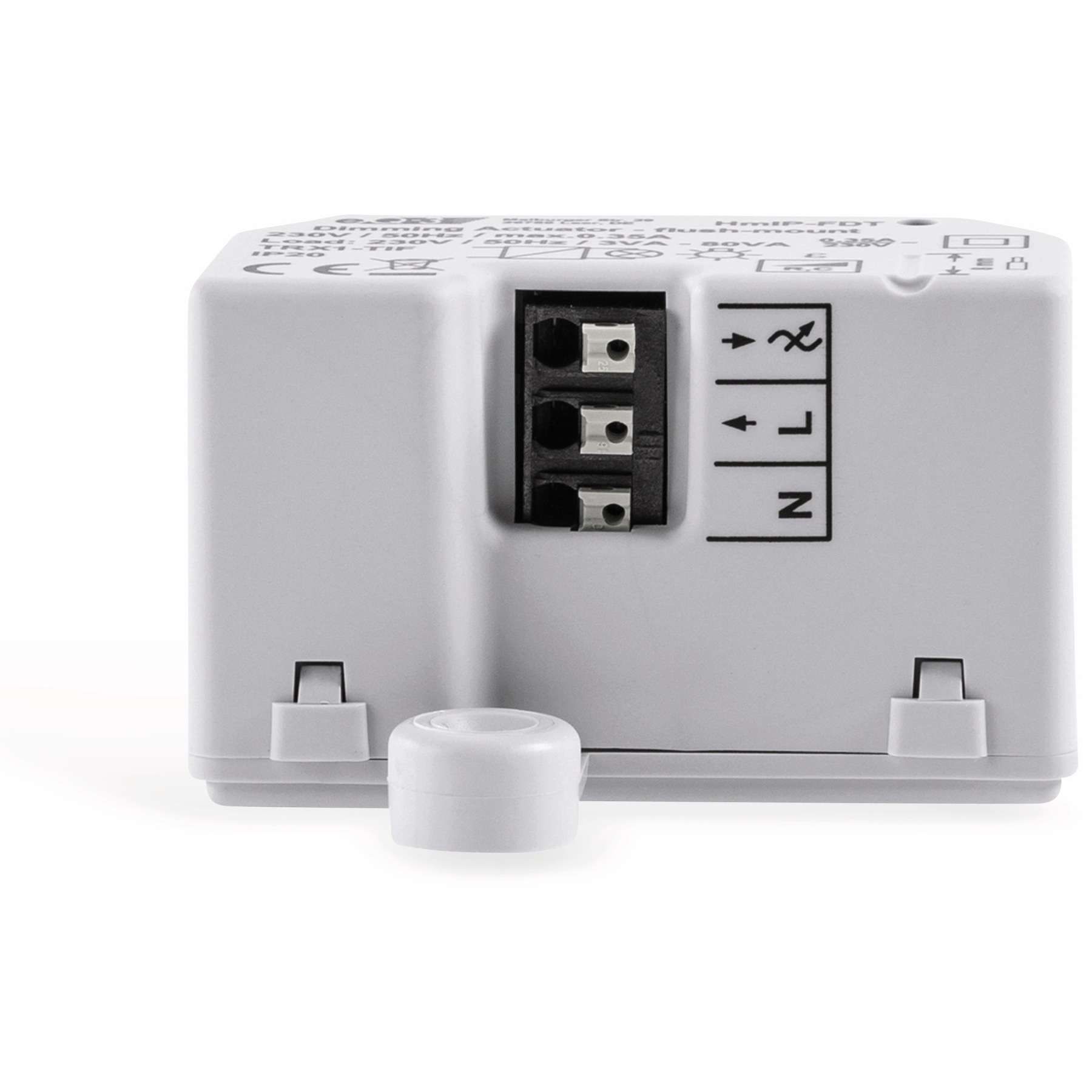 Biały element elektryczny z zaciskami przyłączeniowymi, białą nasadką i symbolami okablowania.