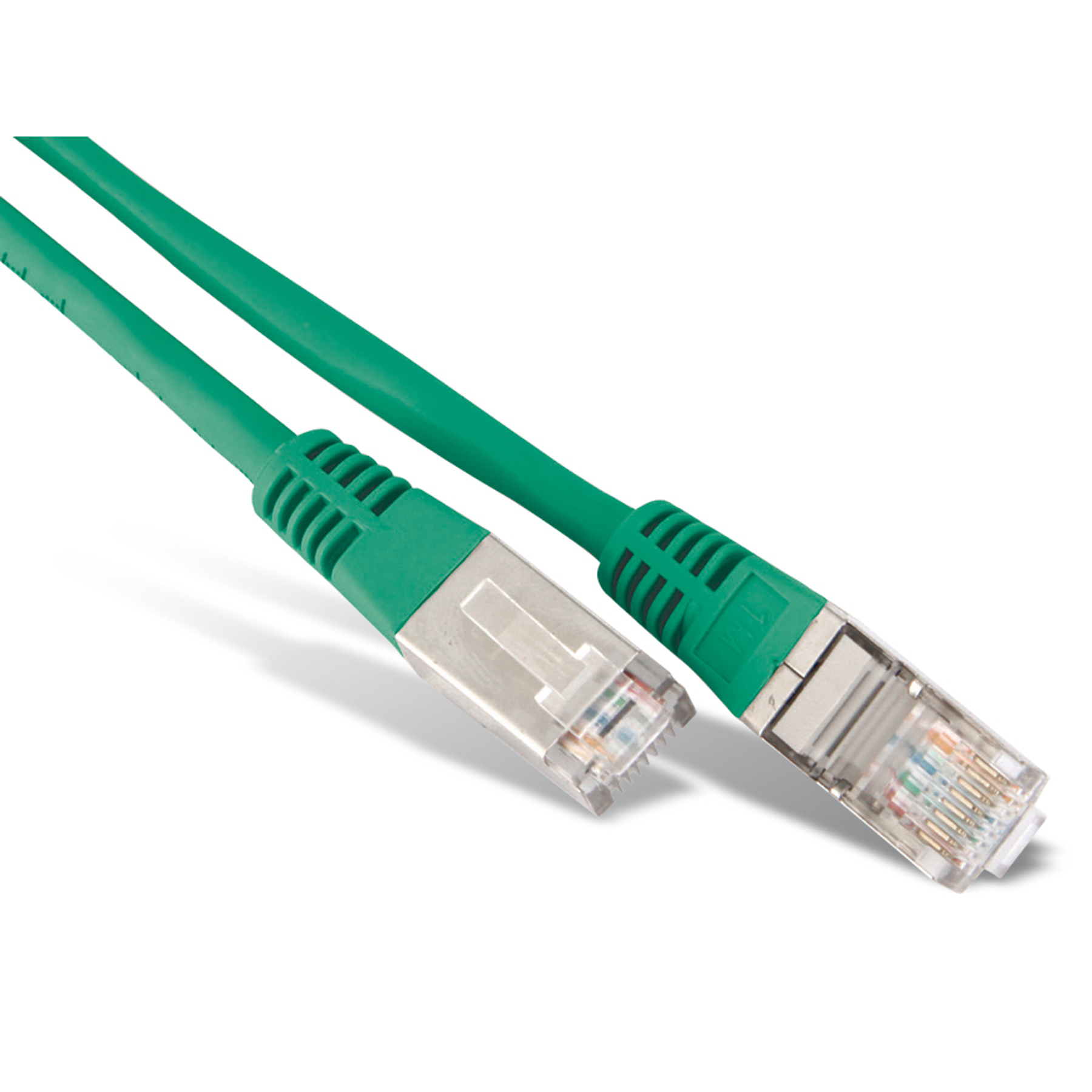 Cavo Ethernet verde con connettori argentati. Connettori trasparenti all'estremità.