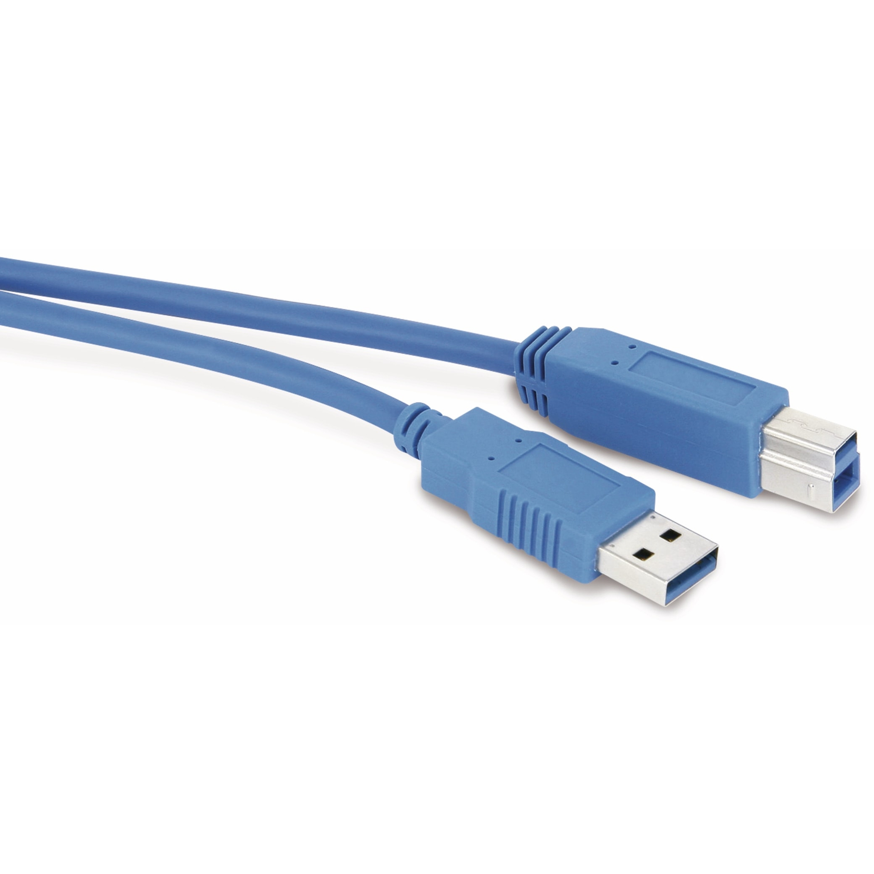 Cavo USB blu con connettori blu. Il cavo è su uno sfondo bianco.