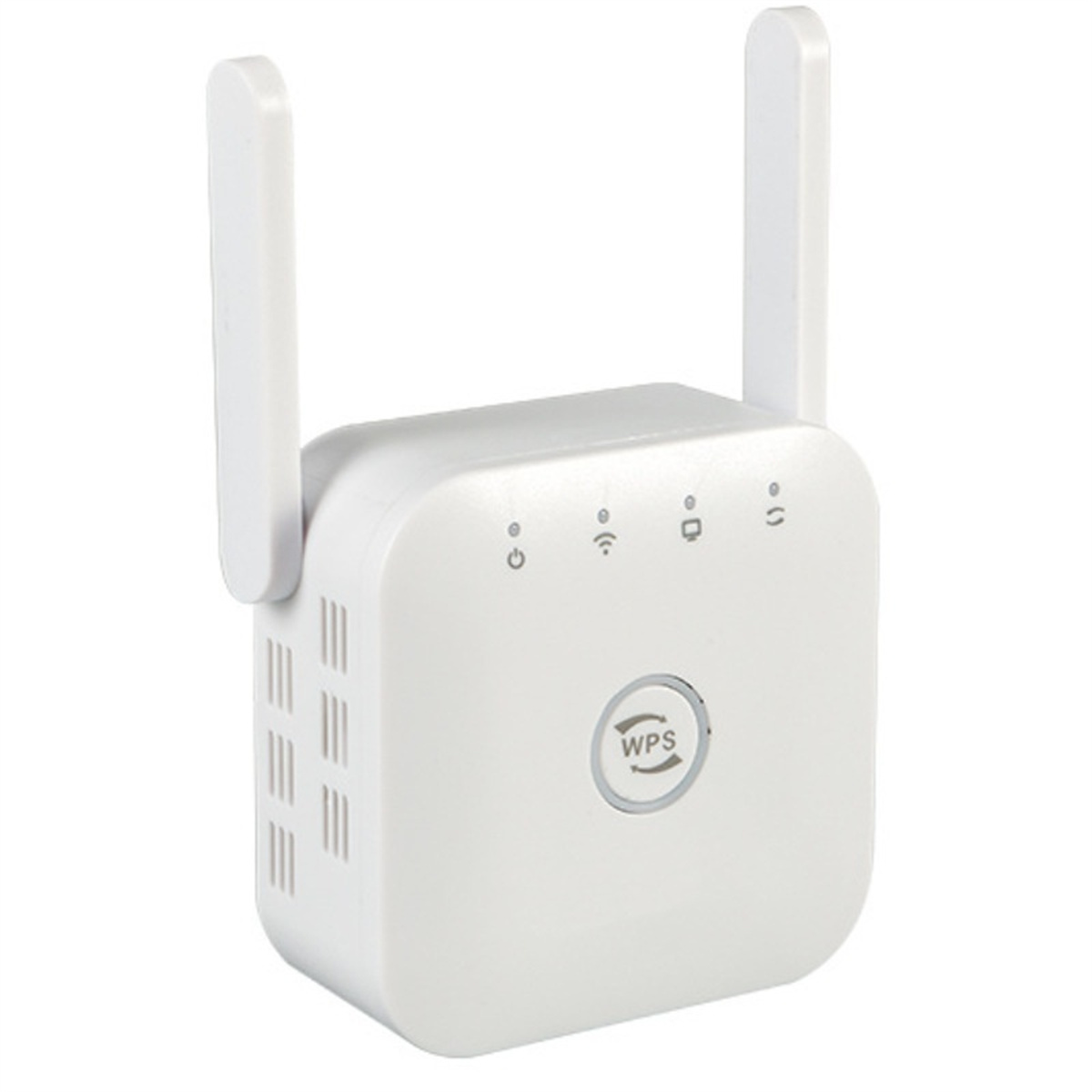Weißer WLAN-Repeater mit zwei Antennen. Er hat mehrere Kontrollleuchten und eine WPS-Taste.