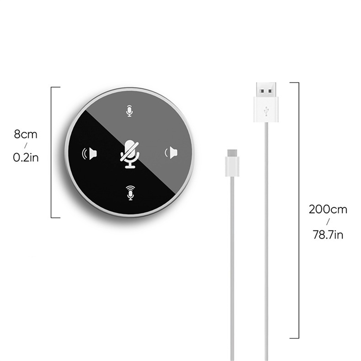 Rundes Bedienfeld mit Mikrofon- und Lautsprechersymbolen, verbunden mit einem Kabel. Maße sind 8 cm x 200 cm. Weißer Hintergrund.
