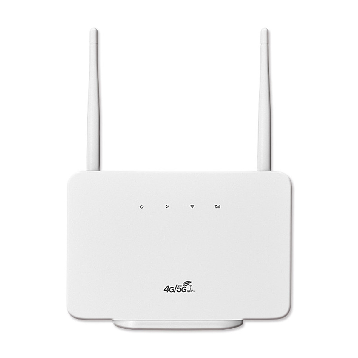 Weißer Router mit zwei Antennen, quadratischem Gehäuse und Kontrollleuchten oben. Mit 4G/5G-Label.