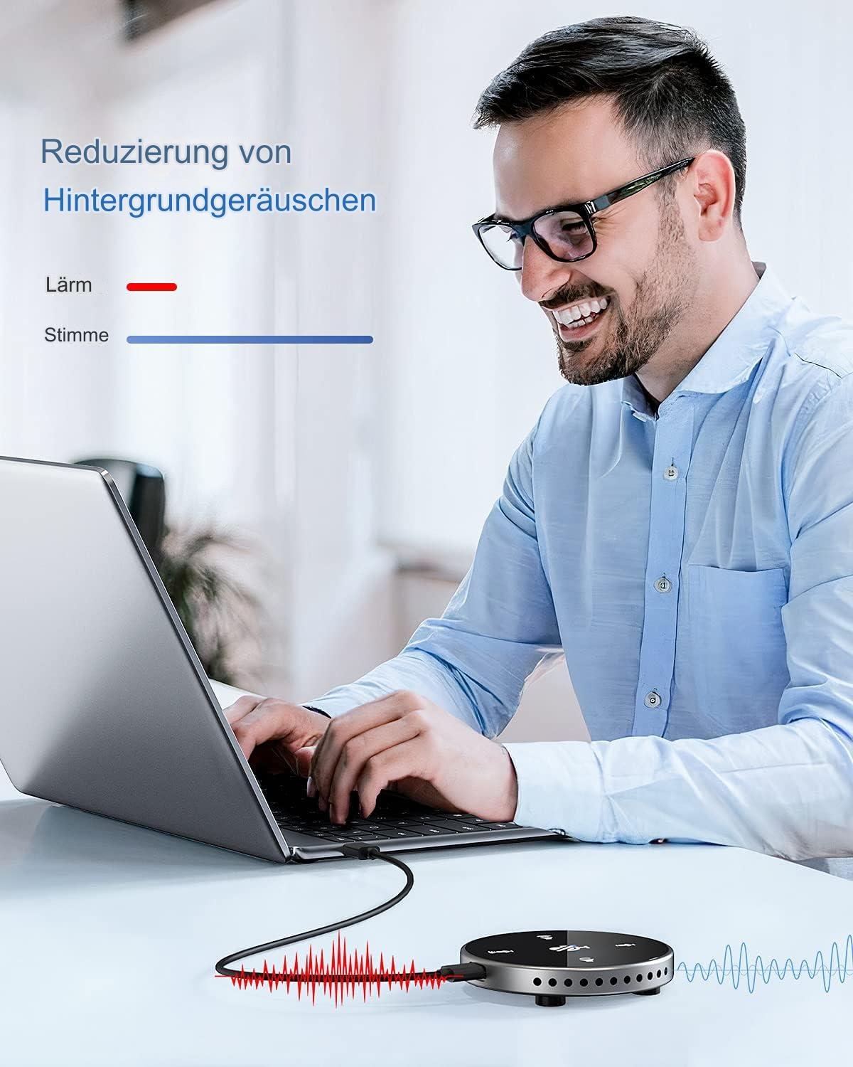 Mann benutzt Laptop mit angeschlossenem Soundgerät. Visual zeigt Geräuschreduzierung.