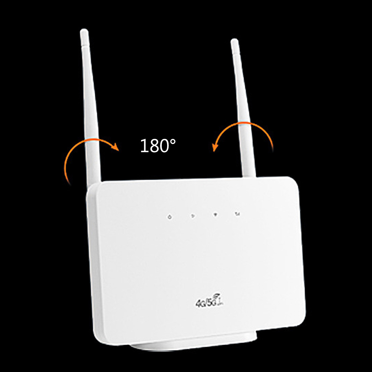 Ein weißer Router mit zwei Antennen, der einen 180-Grad-Bereich anzeigt. Der Router ist dunkel.