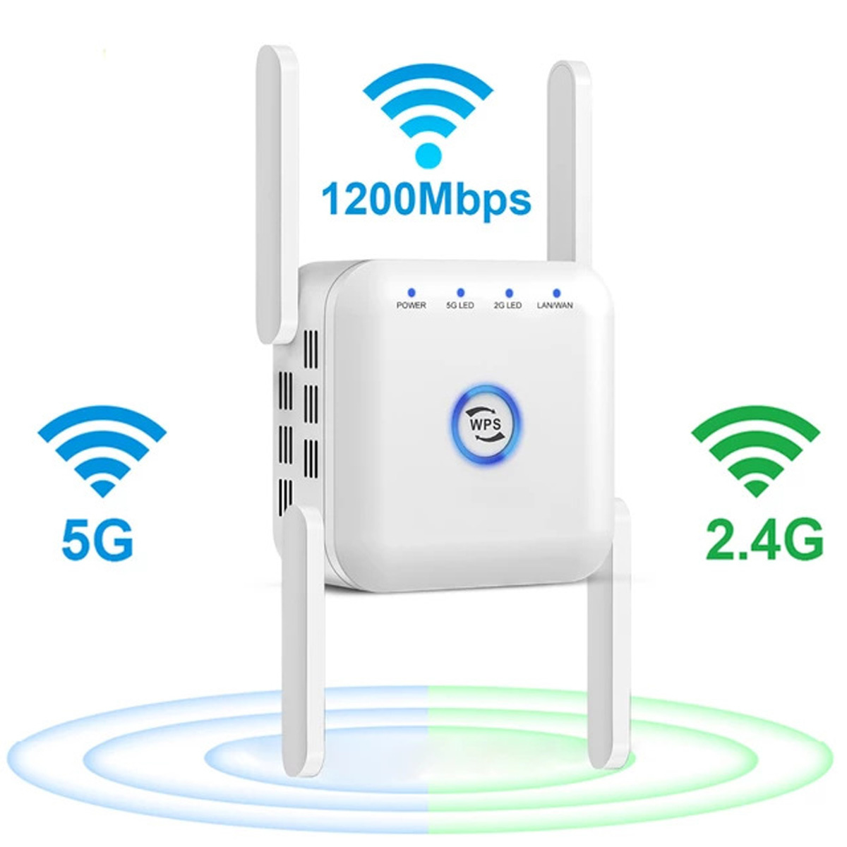 Weißer Router mit Antennen. Zeigt '1200Mbit/s', '5G' und '2.4G' Signale an. Hat auch 'WPS'-Taste.
