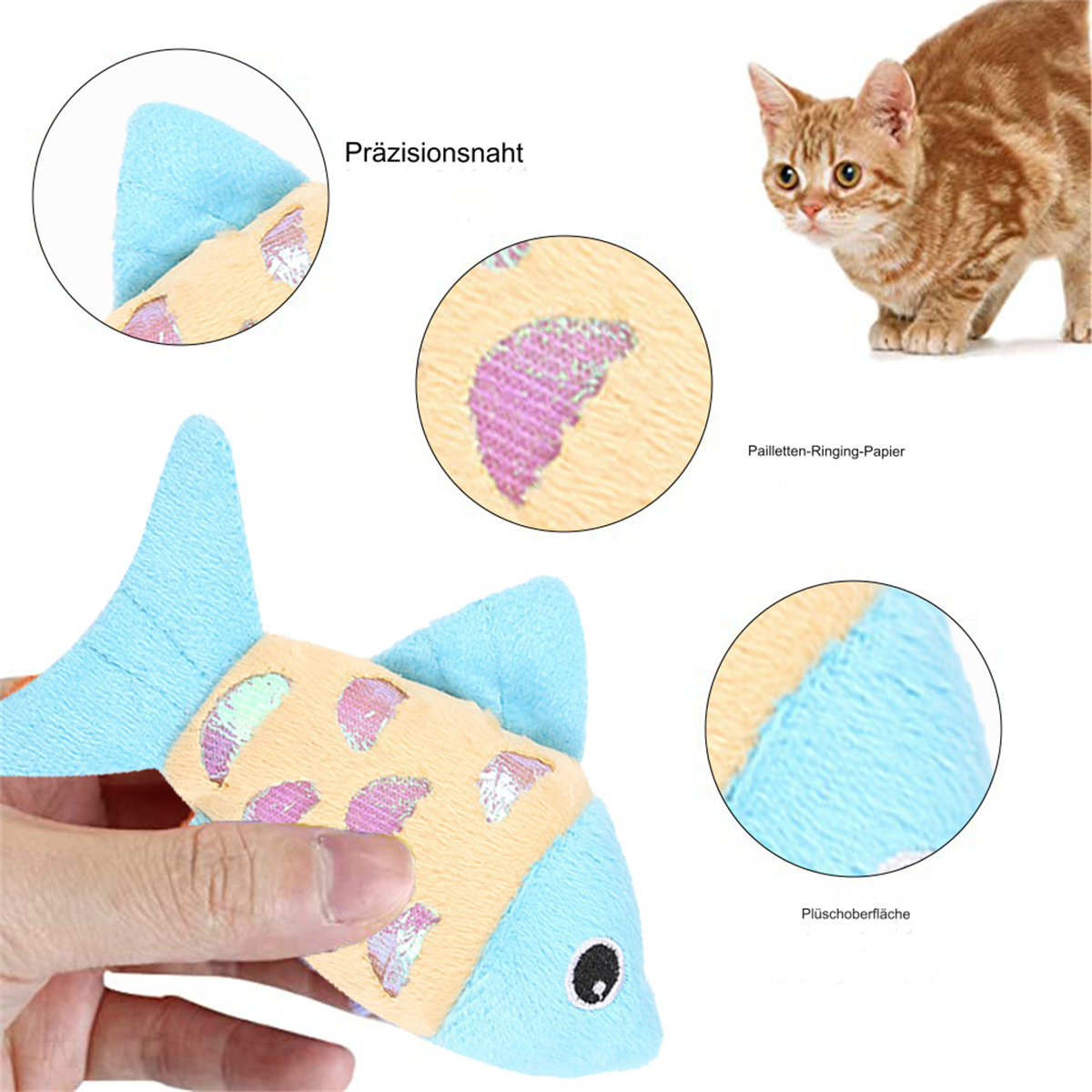 Ein Katzenspielzeugfisch. Nahaufnahmen der Fischdetails und eine Katze, die nach rechts schaut.