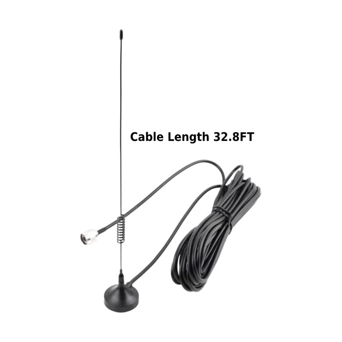 Schwarze Autoantenne mit langem Kabel. Das Kabel ist aufgerollt. Die Antenne hat einen kleinen Sockel.