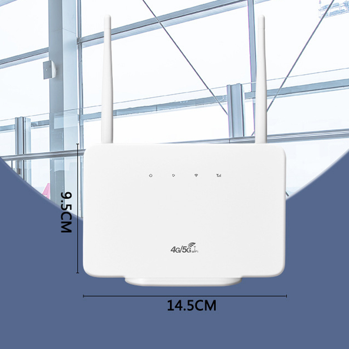 Weißer Router mit Antennen und Messangaben: 9,5 cm Höhe, 14,5 cm Breite.