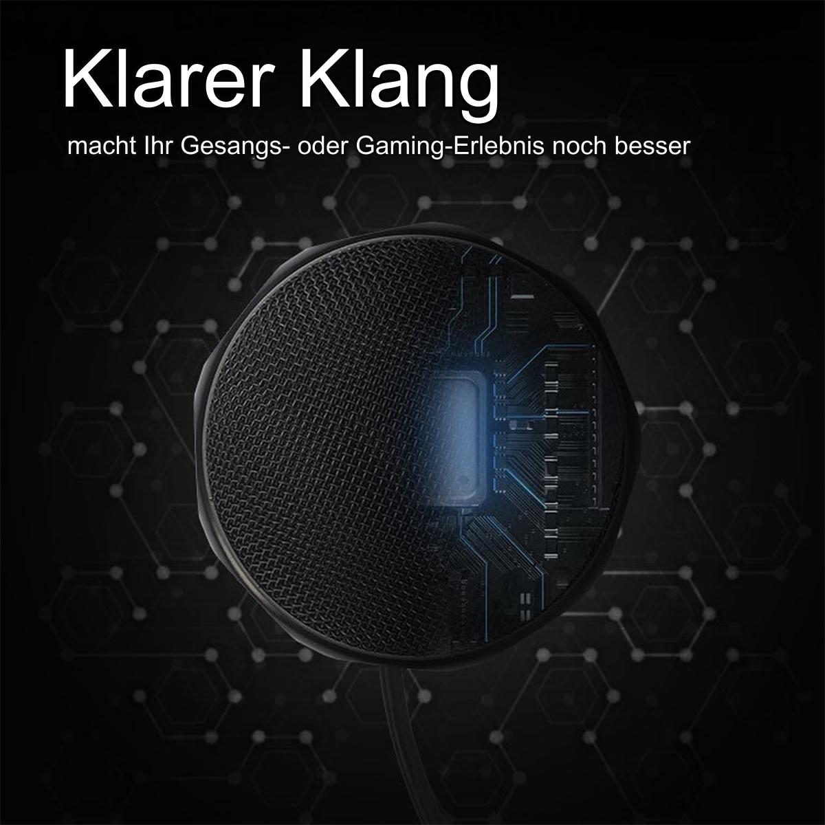 Ein schwarzes, kreisförmiges Mikrofon mit detailliertem Innendesign auf dunklem Hintergrund.