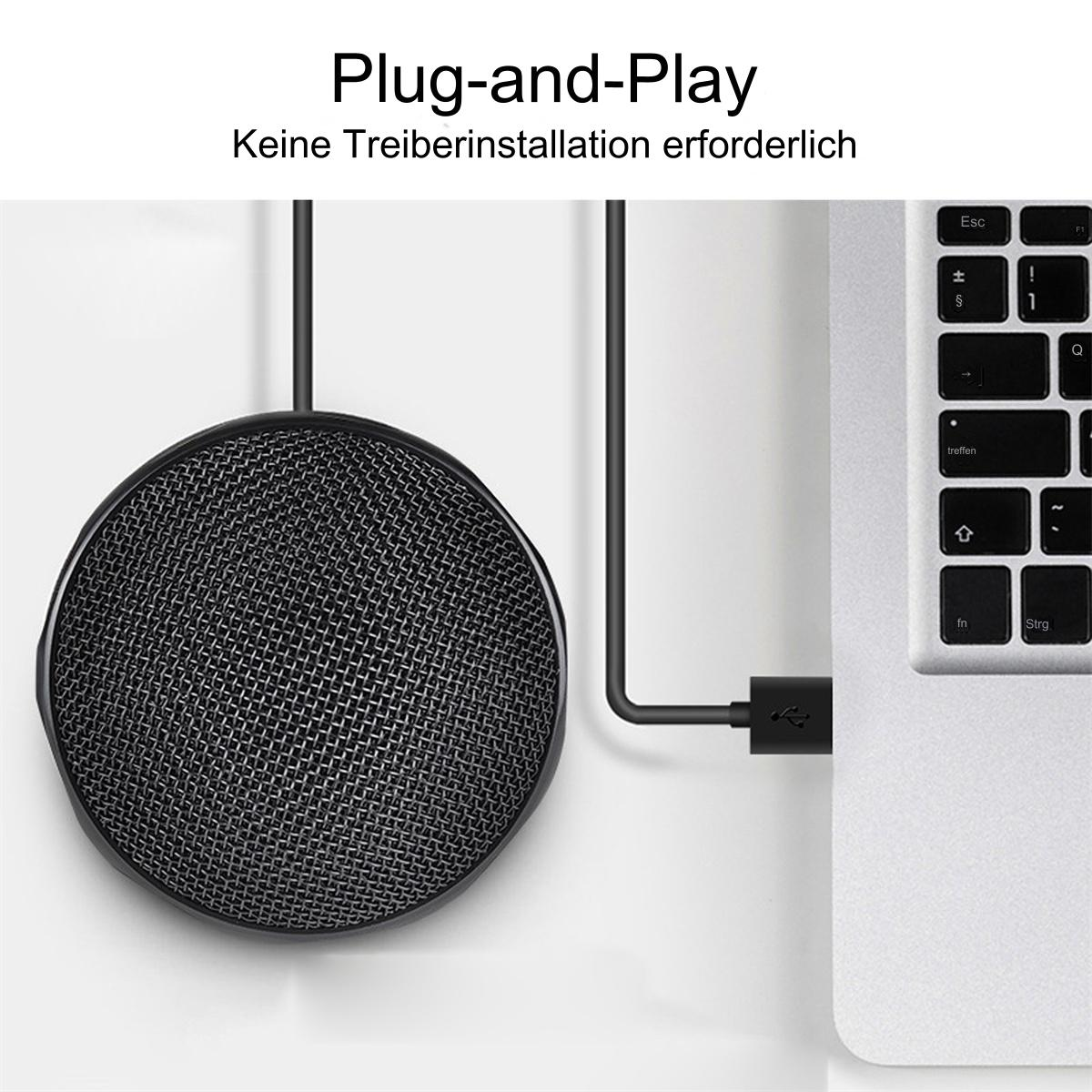Schwarzes Mikrofon, über USB-Kabel mit Laptop verbunden. Die Laptop-Tastatur ist sichtbar. Text "Plug-and-Play" oben.