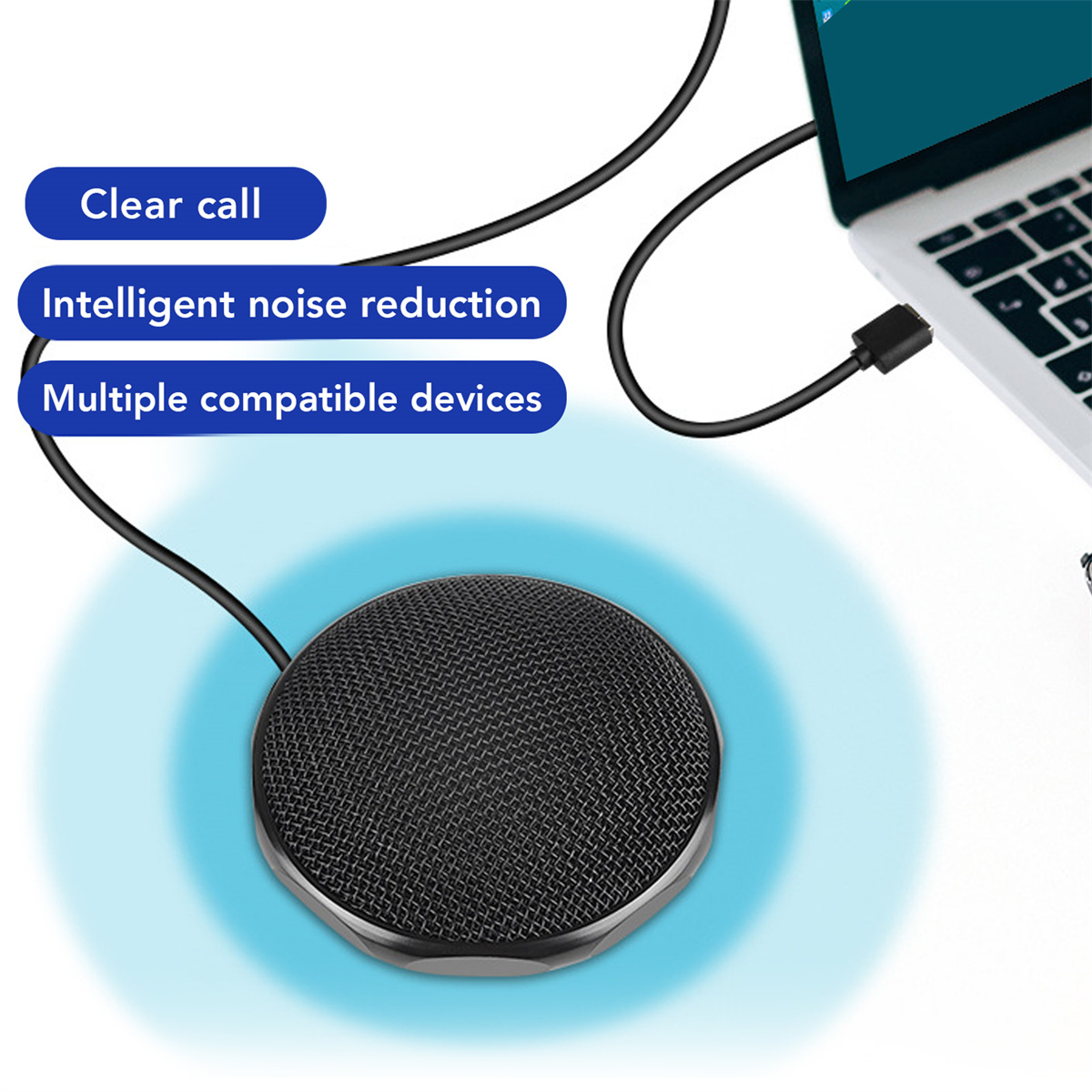 Ein Mikrofon mit USB-Kabel auf weißer Oberfläche. Text beschreibt die Funktion.