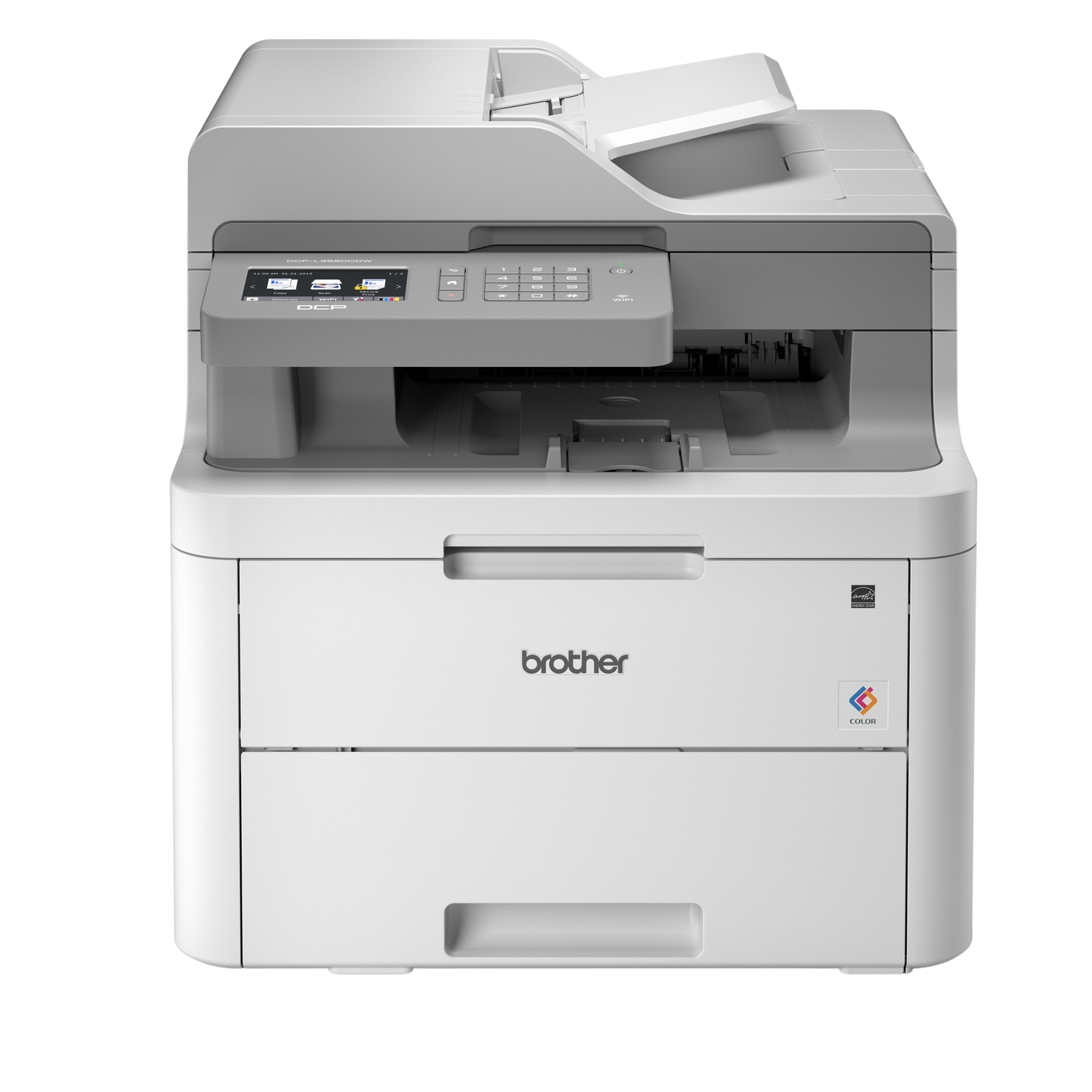 Una stampante bianca con scanner piano e vassoio carta. Il logo Brother è visibile.