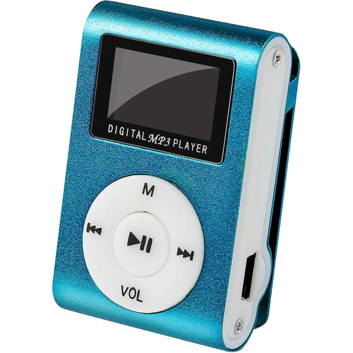Ein kleiner, blauer MP3-Player mit Bildschirm, Play/Pause-Taste und Lautstärkereglern.
