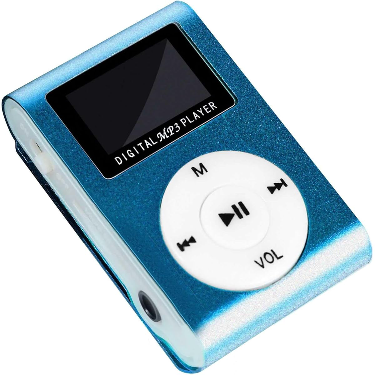 Ein blauer digitaler MP3-Player mit Bildschirm und Knöpfen. Er hat eine Lautstärkeregelung und eine Kopfhörerbuchse.