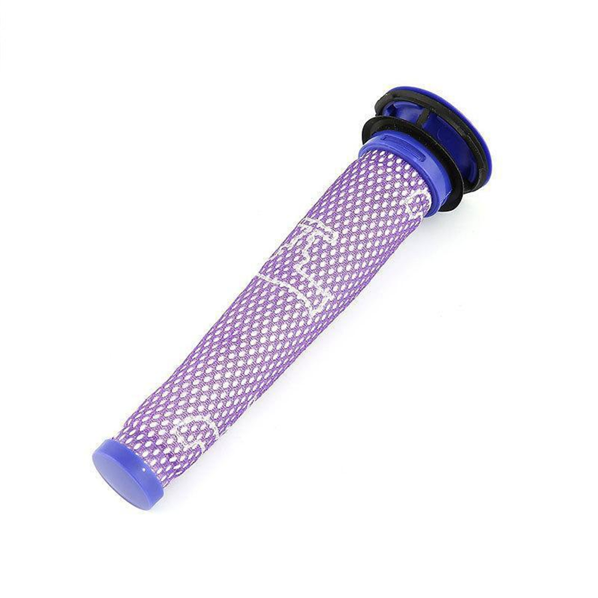 Ein violetter und weißer Staubsaugerfilter vor weißem Hintergrund mit einem blauen Deckel.