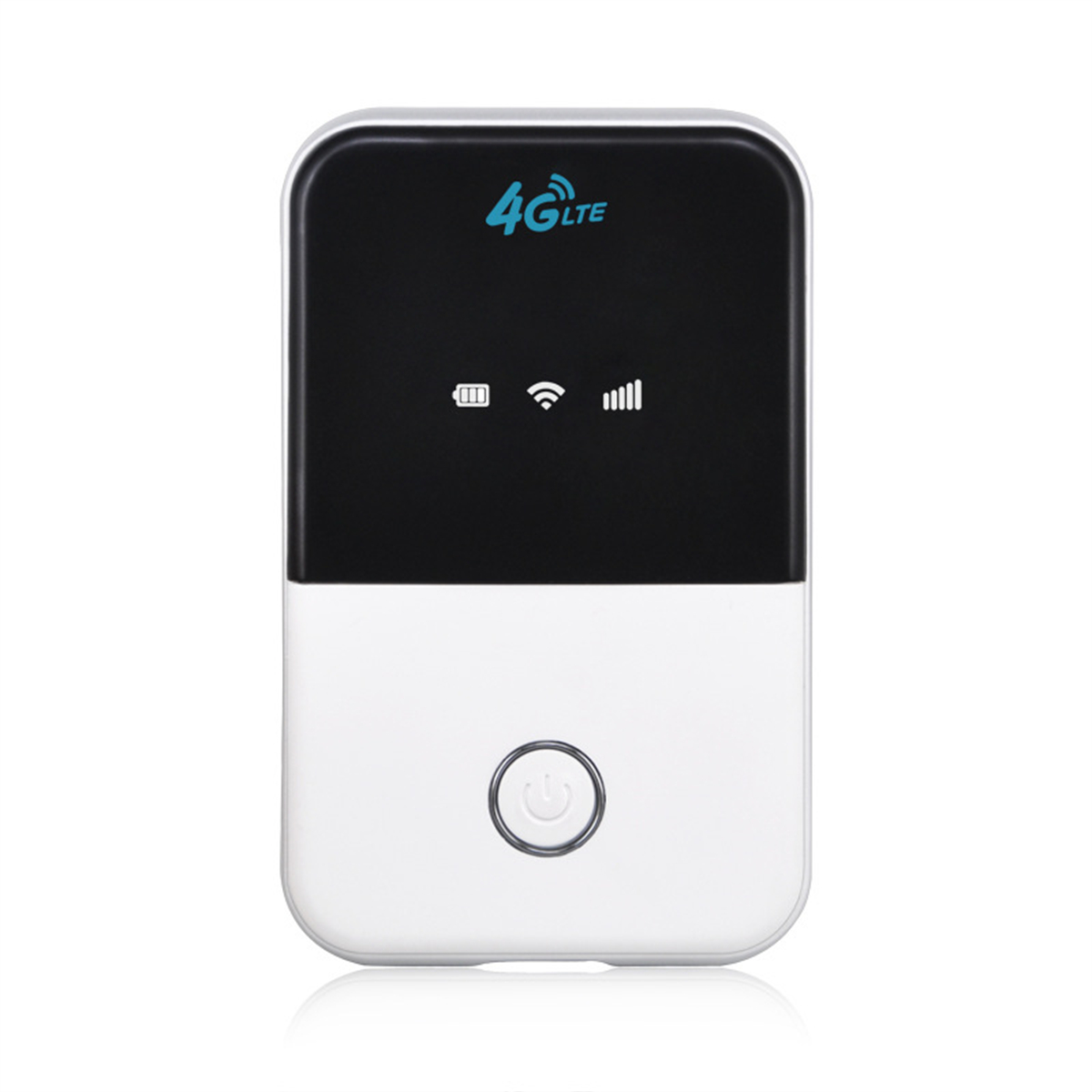 Ein schwarz-weißer Pocket-WLAN-Router. Es hat eine Ein-/Aus-Taste und ein 4G LTE-Logo.