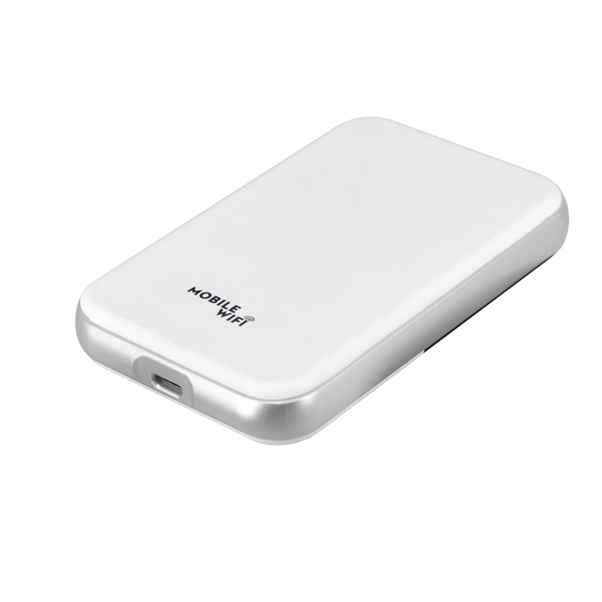 Weißes mobiles WLAN-Gerät mit silbernem Rand. Der Text "MOBILE WIFI" ist auf der Oberfläche des Geräts aufgedruckt.