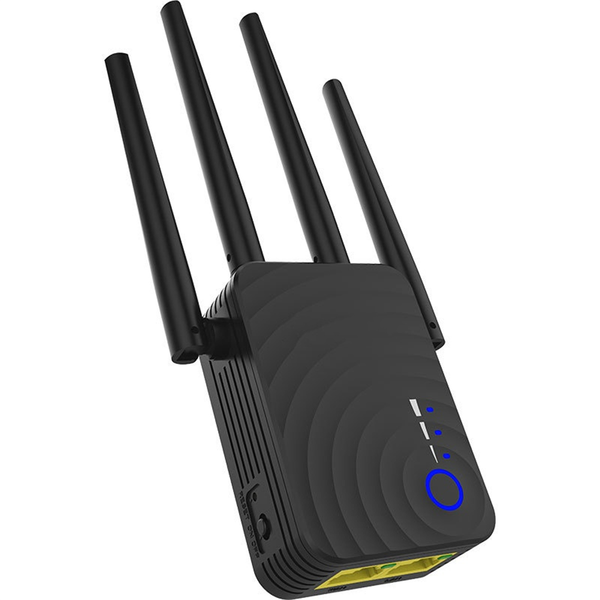 Schwarzer WLAN-Extender mit Antennen. Hat 4 Antennen, einen gitterartigen Körper und Kontrollleuchten. Blau und gelb.