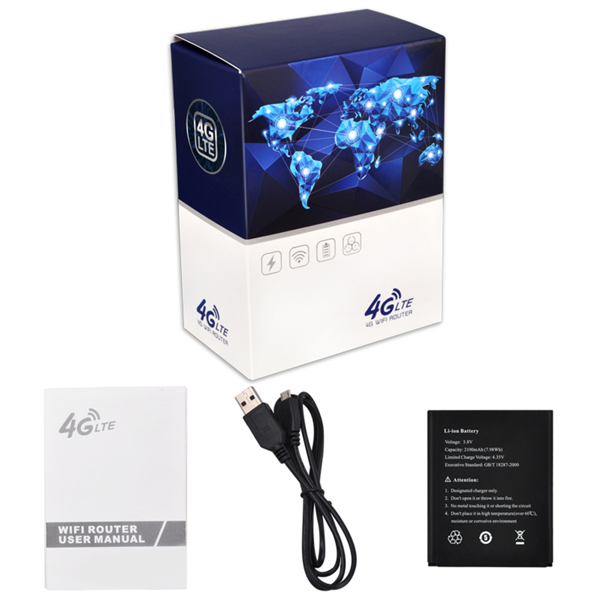 Weiße Box mit Weltkarten-Design, plus WLAN-Router, Benutzerhandbuch, Akku und USB-Kabel.