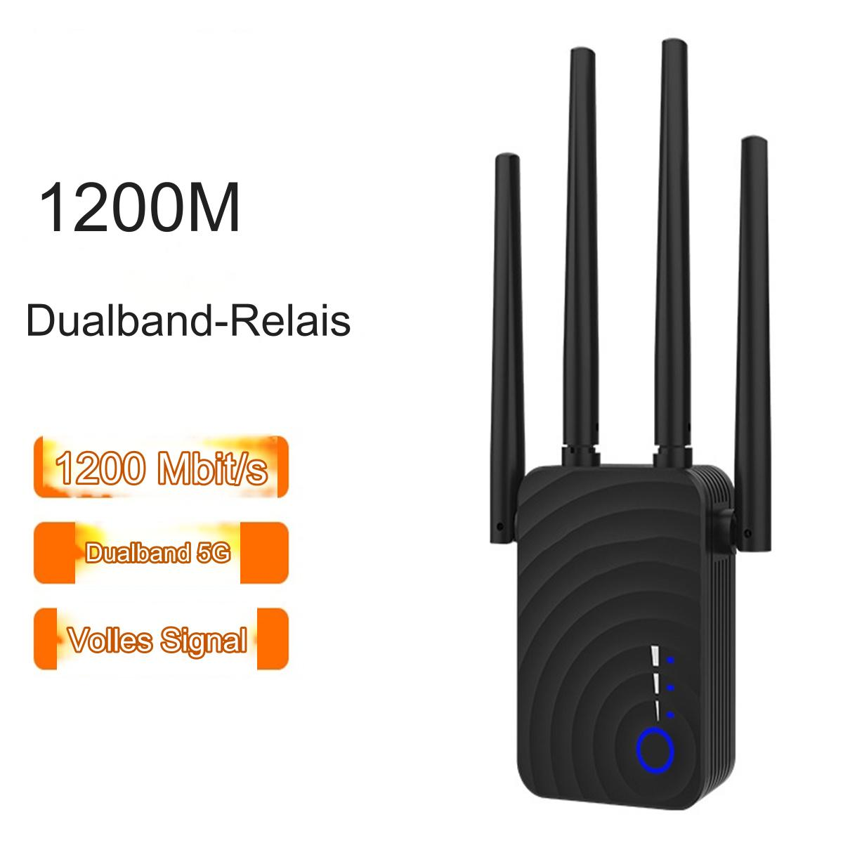 Ein schwarzer Dualband-WLAN-Repeater mit vier Antennen, Text mit 1200M Geschwindigkeit und Dualband-5G-Unterstützung.