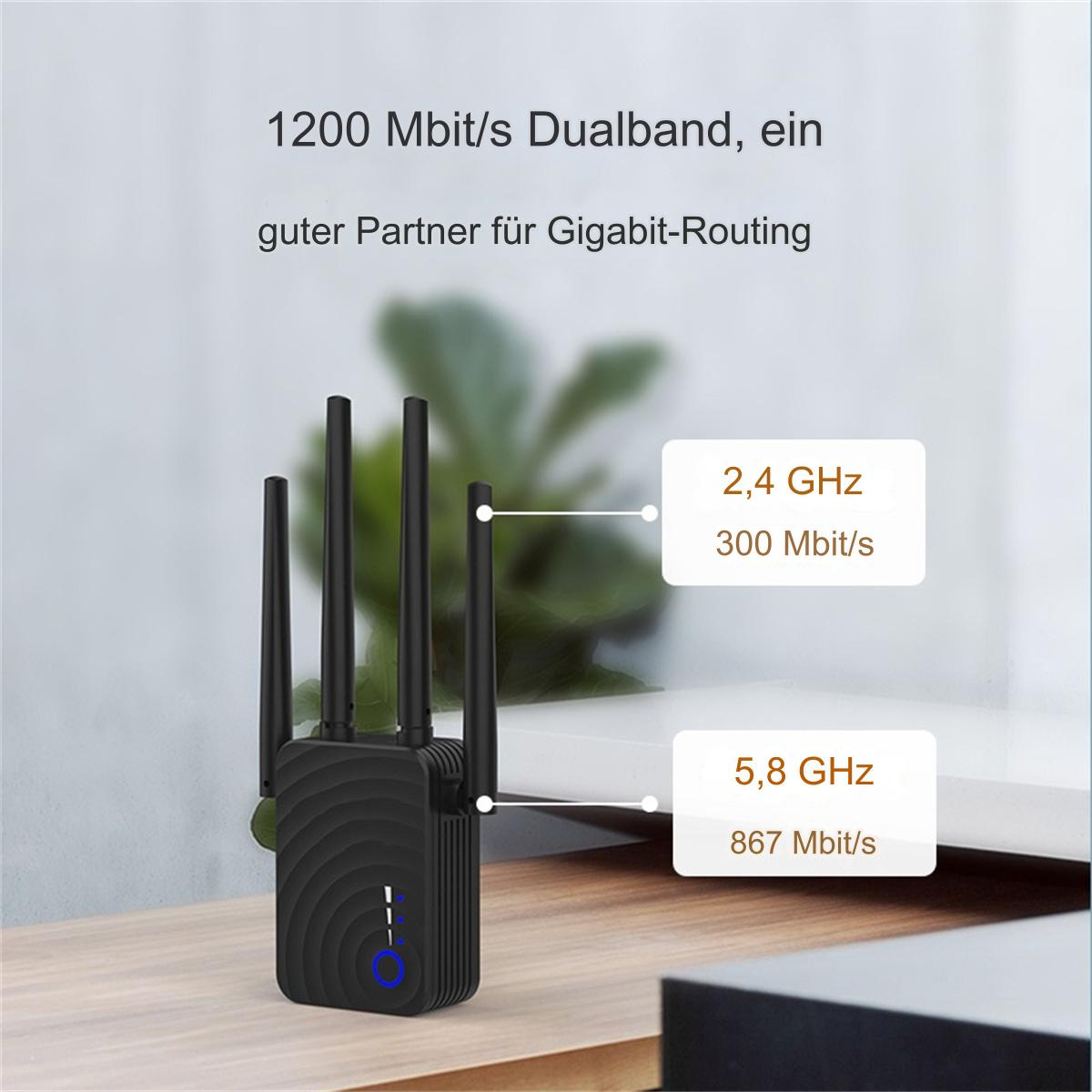 Ein schwarzer WLAN-Router mit Antennen. Der Router steht auf einer Holzoberfläche.