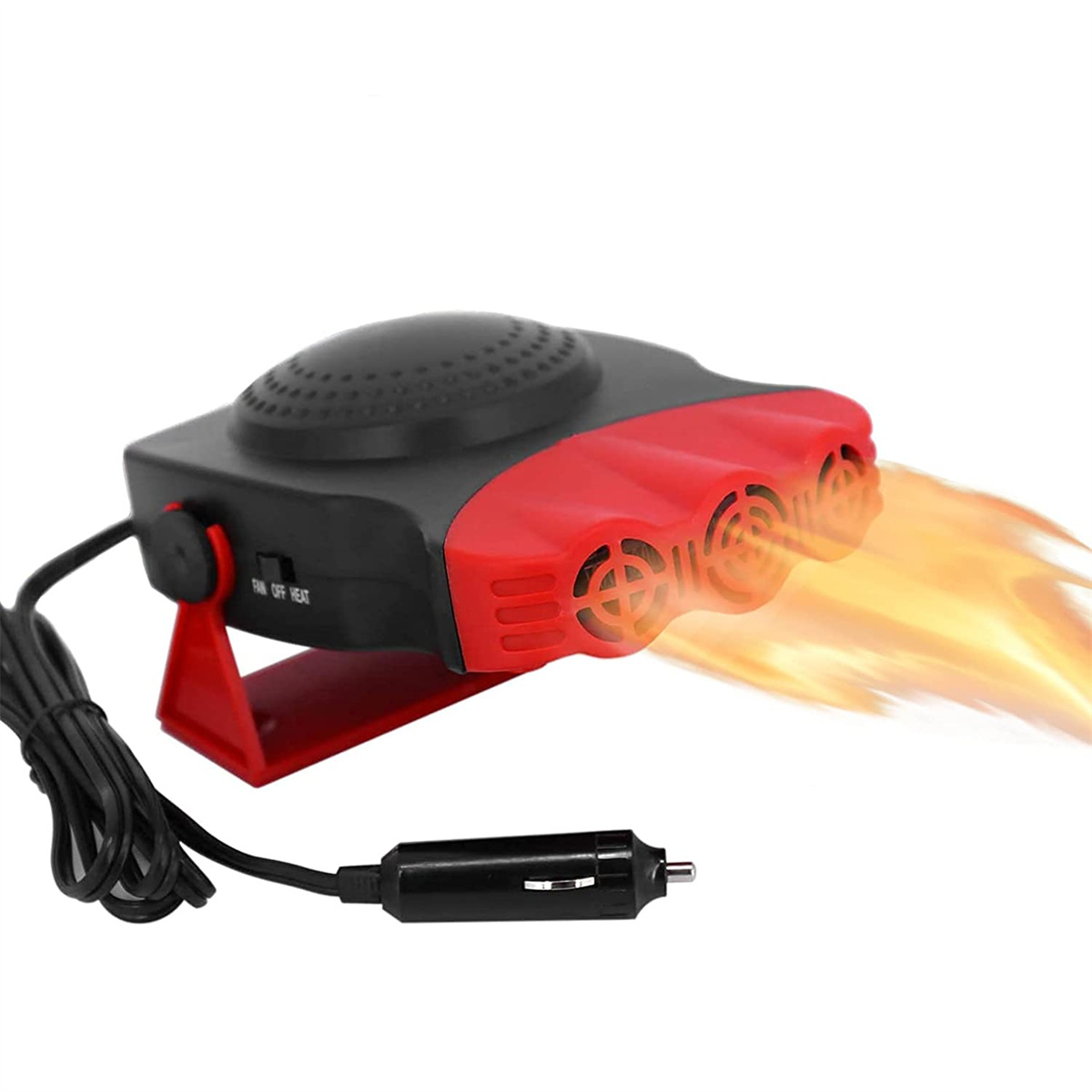 Ein schwarz-roter Autoheizer mit den Wörtern 'Fan' und 'Heat'. Ein Netzstecker ist sichtbar.