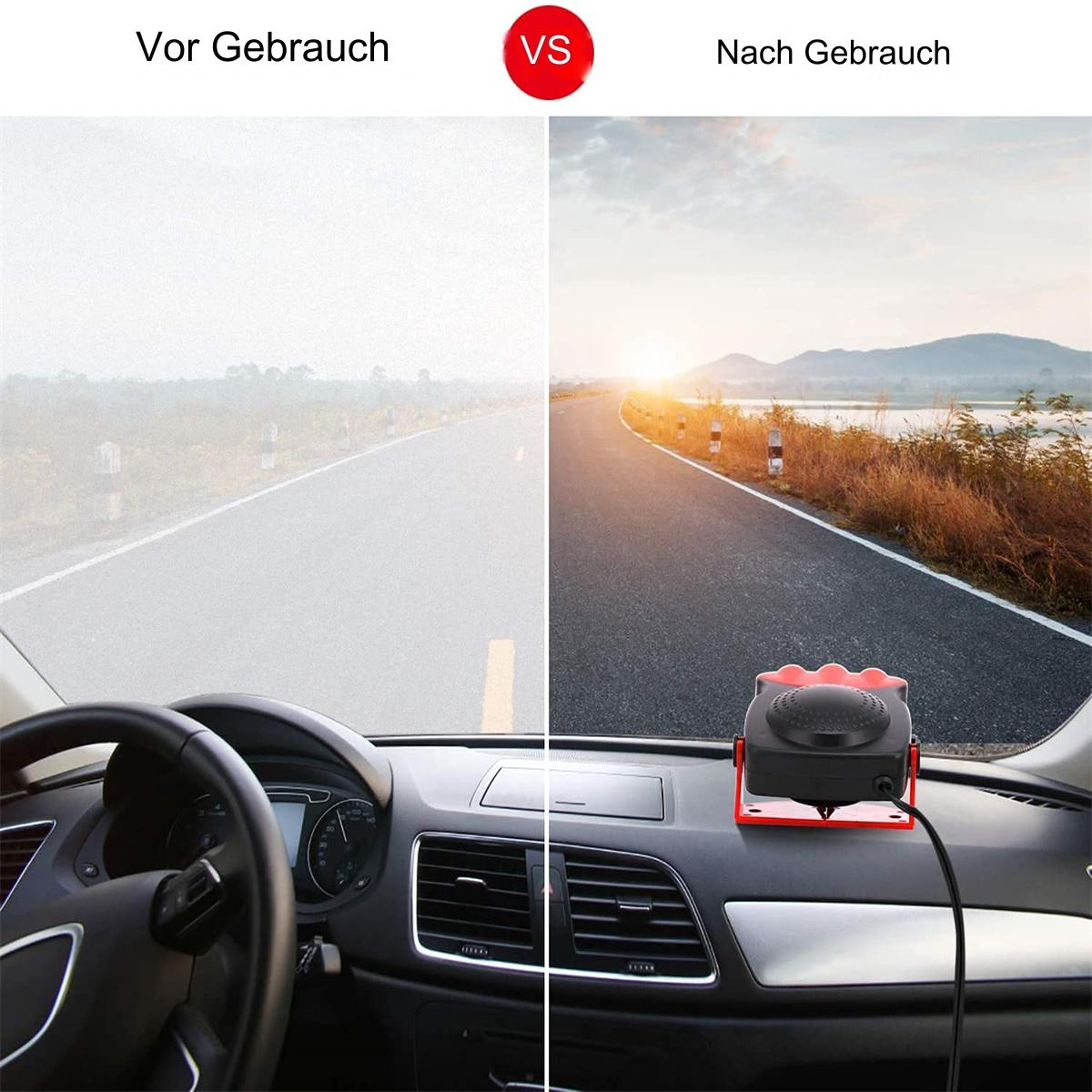 Geteiltes Bild. Links: neblige Straße. Rechts: klare Straße mit Auto-Luftauslass.