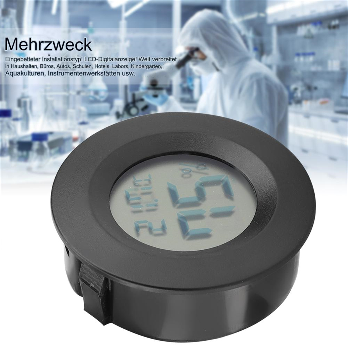 Schwarzes, rundes Digitaldisplay mit Zahlen, Person im Hintergrund.
