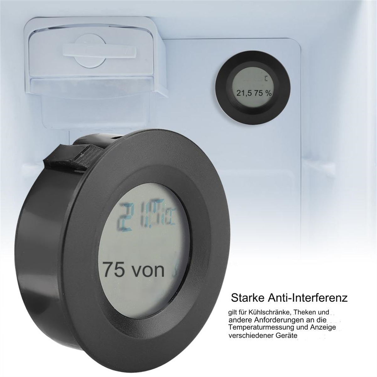 Kühlschrankthermometer: schwarz, kreisförmig, mit Digitalanzeige.