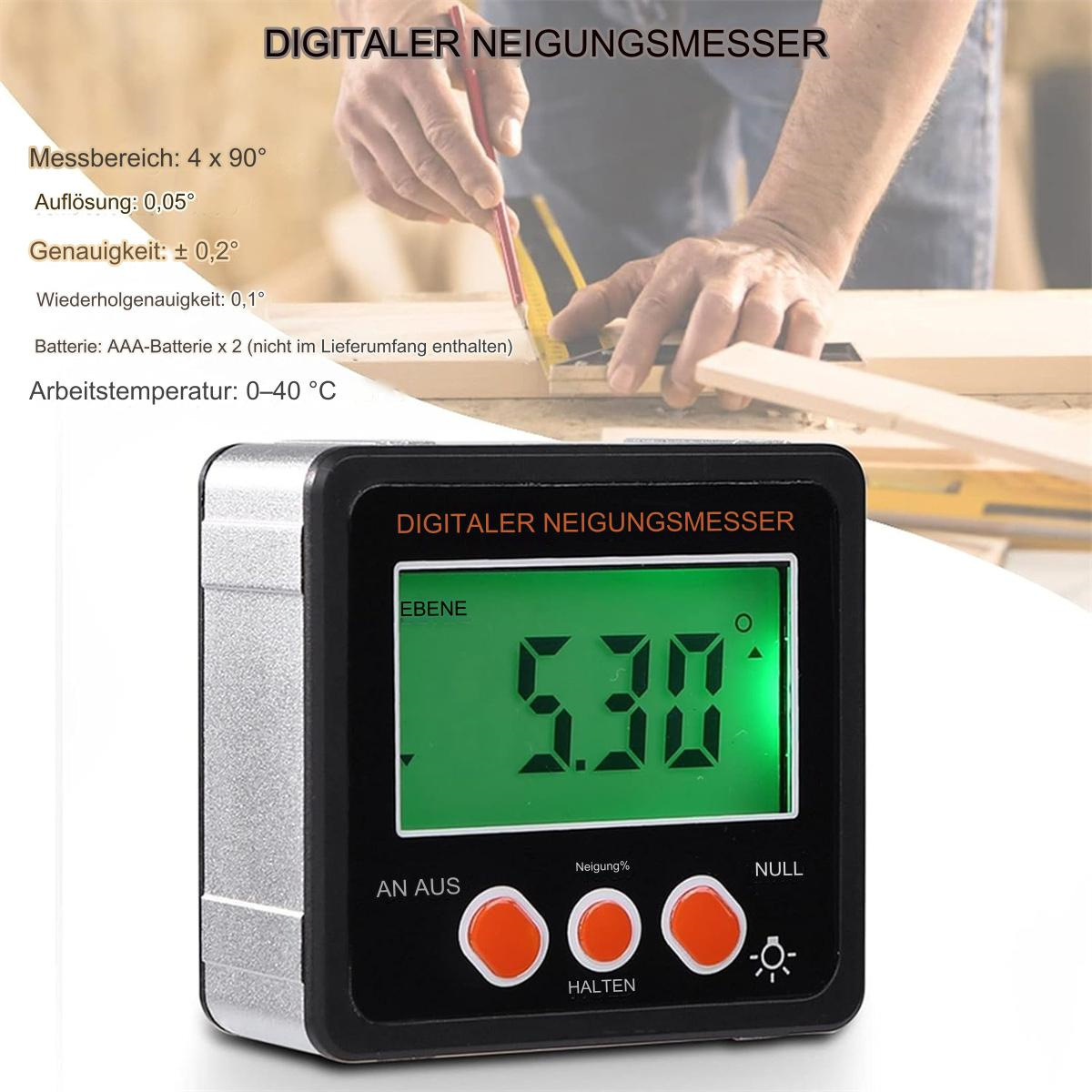 Ein digitales Neigungsmessgerät mit grüner Anzeige, die 5,30 anzeigt. Es hat auch drei orangefarbene Knöpfe und Text.