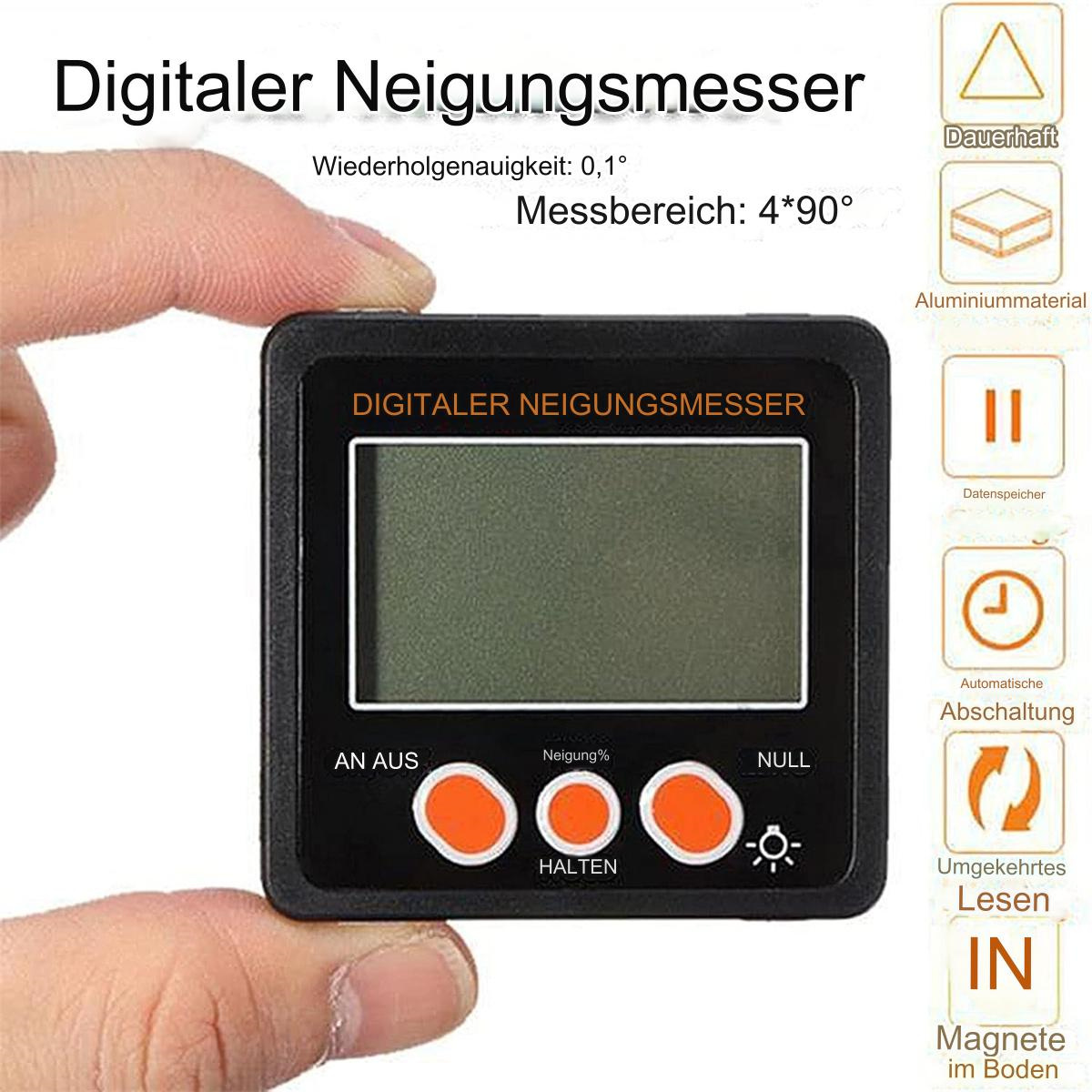 Ein digitales Neigungsmessgerät in einer Hand, mit Funktionstasten und Messsymbolen.