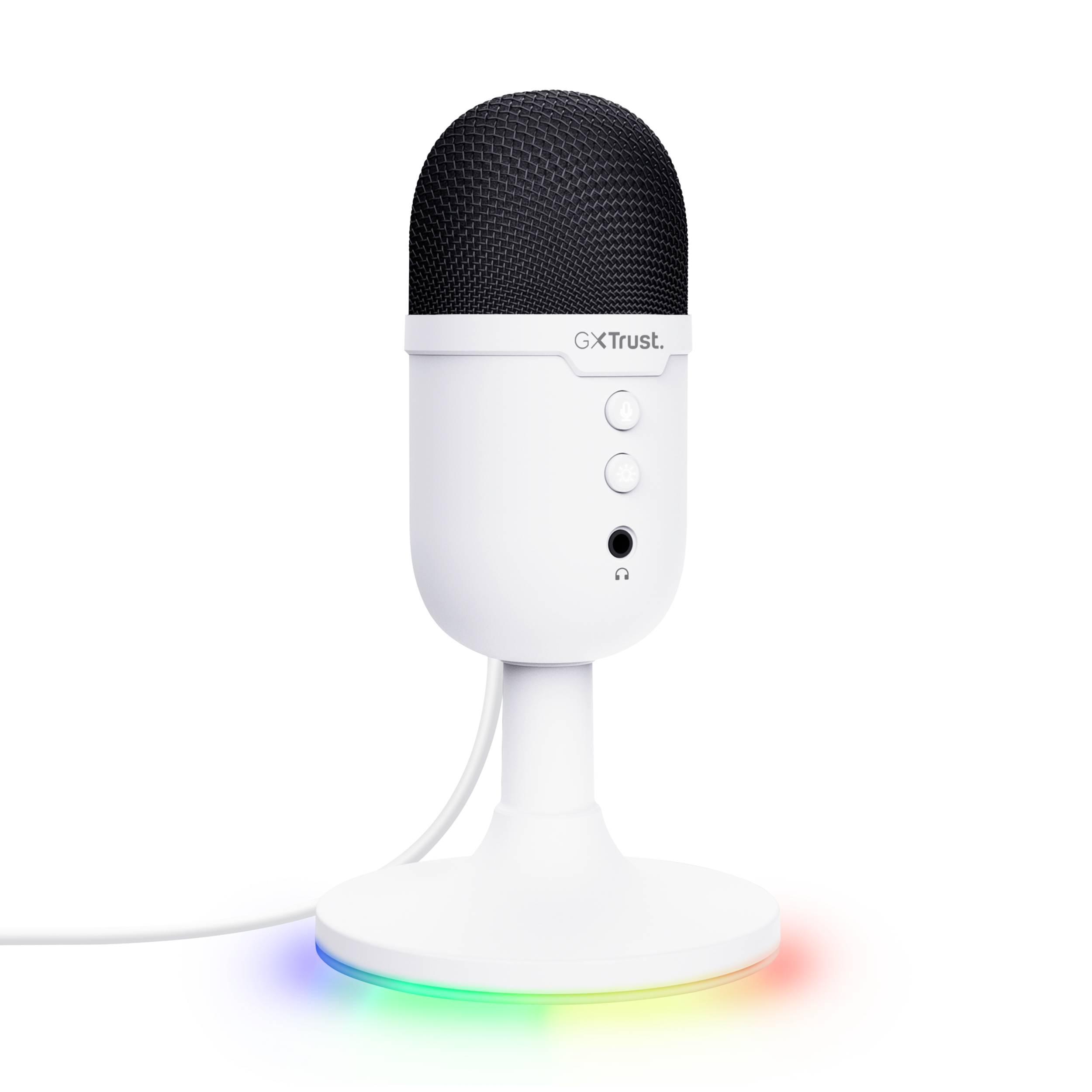 Weißes USB-Mikrofon mit schwarzem Mesh-Oberteil und mehrfarbiger Basisbeleuchtung sowie Kabel.