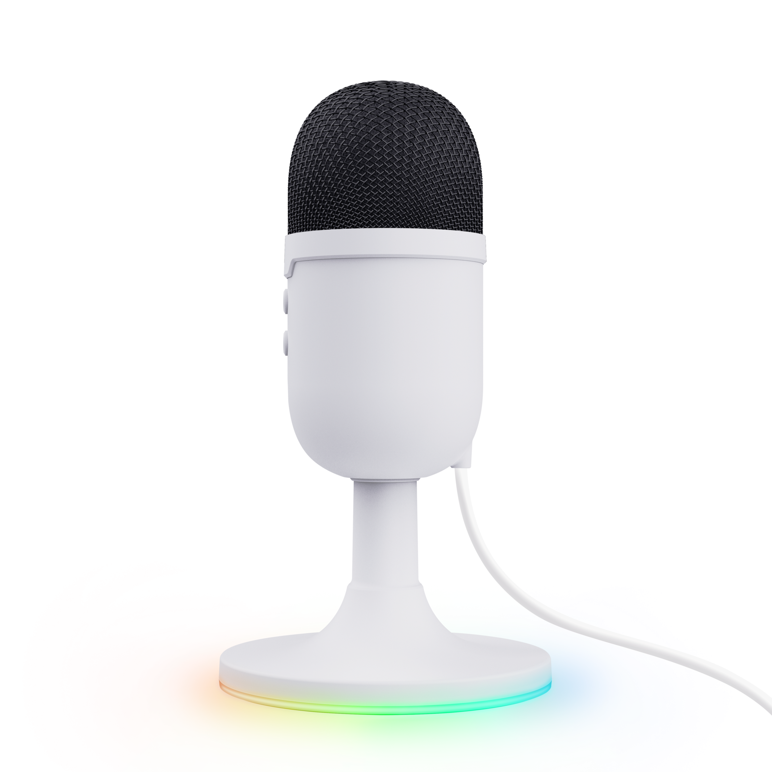 Weißes Mikrofon mit schwarzem Mesh-Kopf, stehend auf einem Ständer mit Regenbogenbeleuchtung.