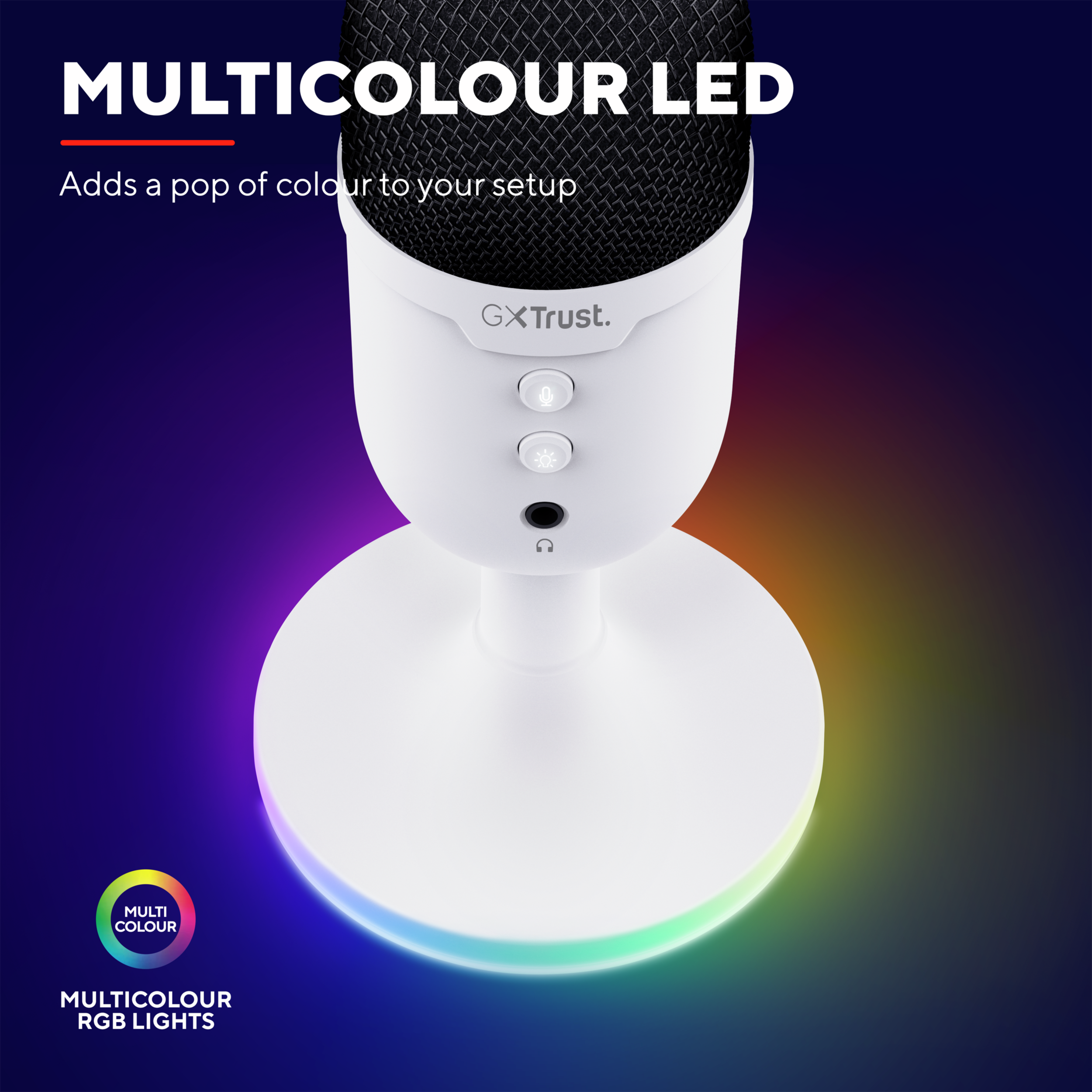 Weißes Mikrofon mit mehrfarbigen LED-Lichtern an der Basis, mit schwarzem Mesh-Top.