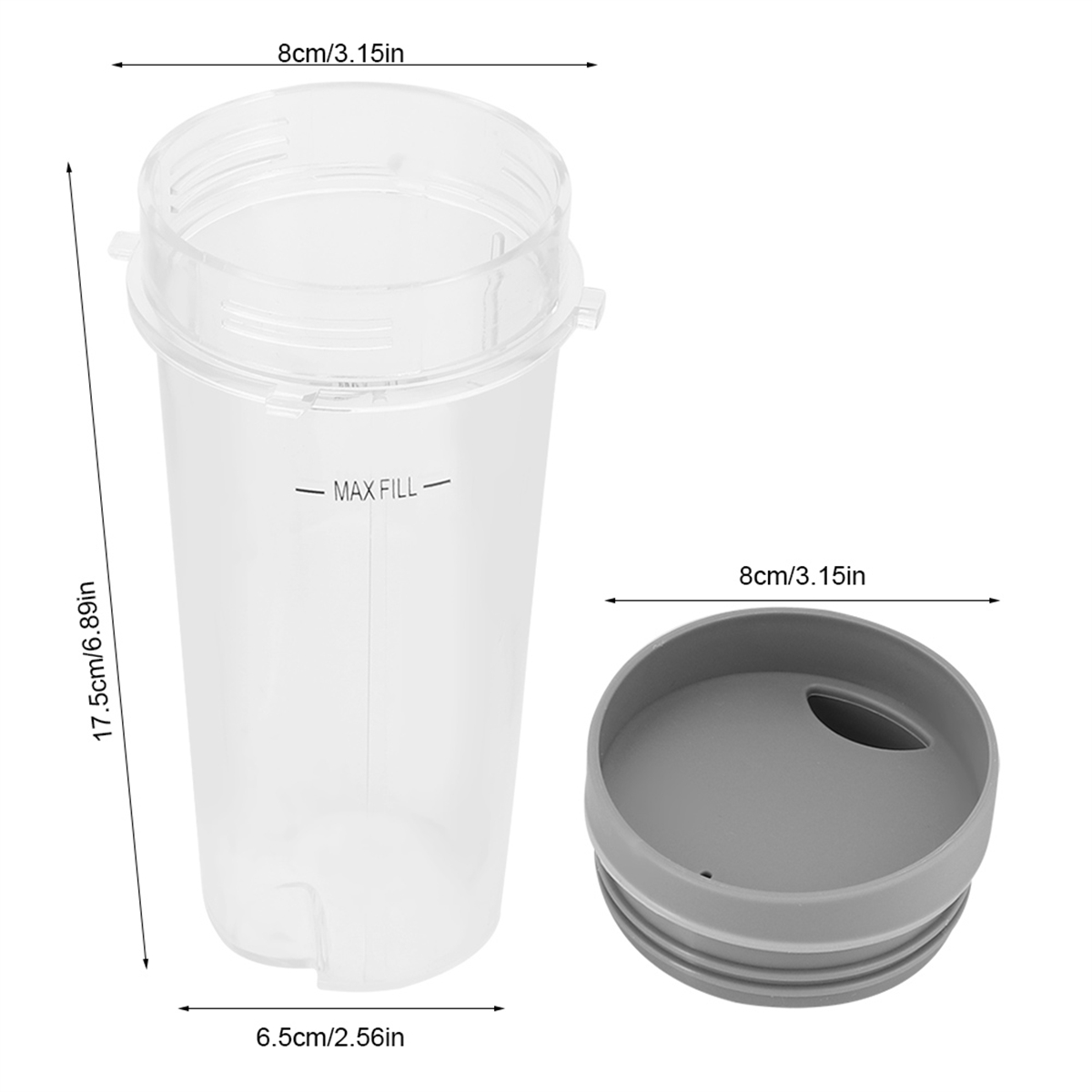 Transparenter Kunststoff-Mixbecher und Deckel, weißer Hintergrund, mit Maßen.