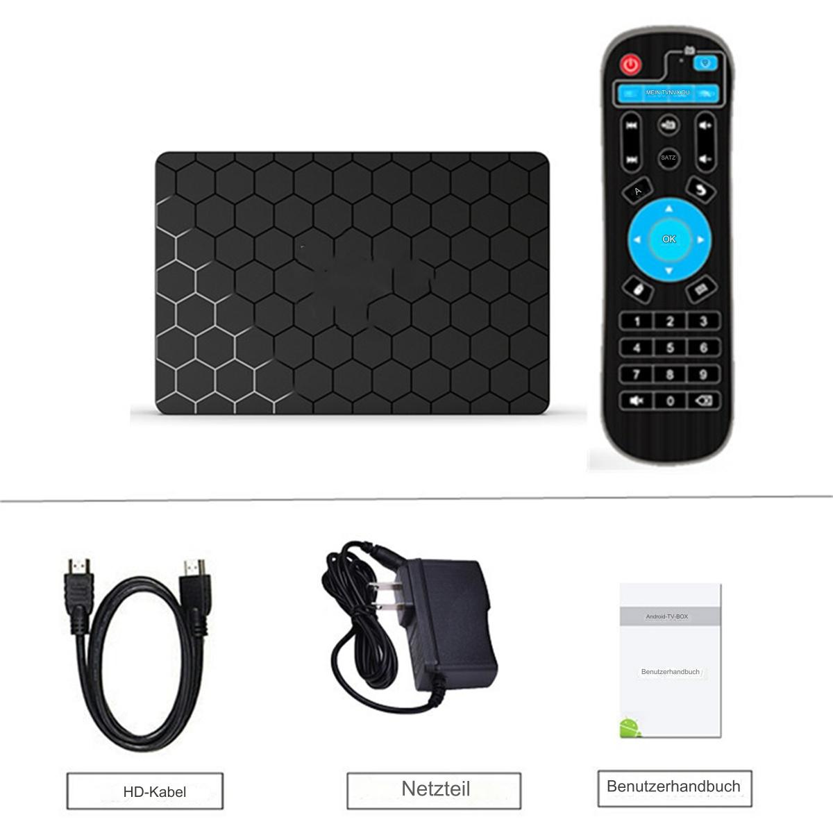 Schwarze TV-Box und Fernbedienung mit Zubehör auf weißem Hintergrund.
