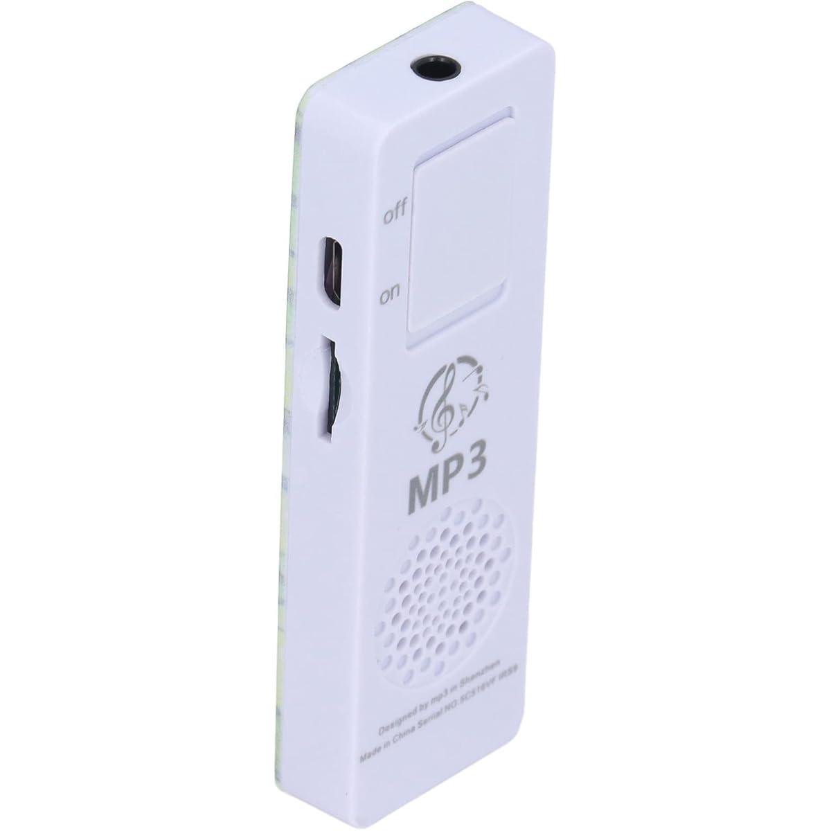 Kleiner weißer MP3-Player mit Knöpfen und einem Lautsprecher.