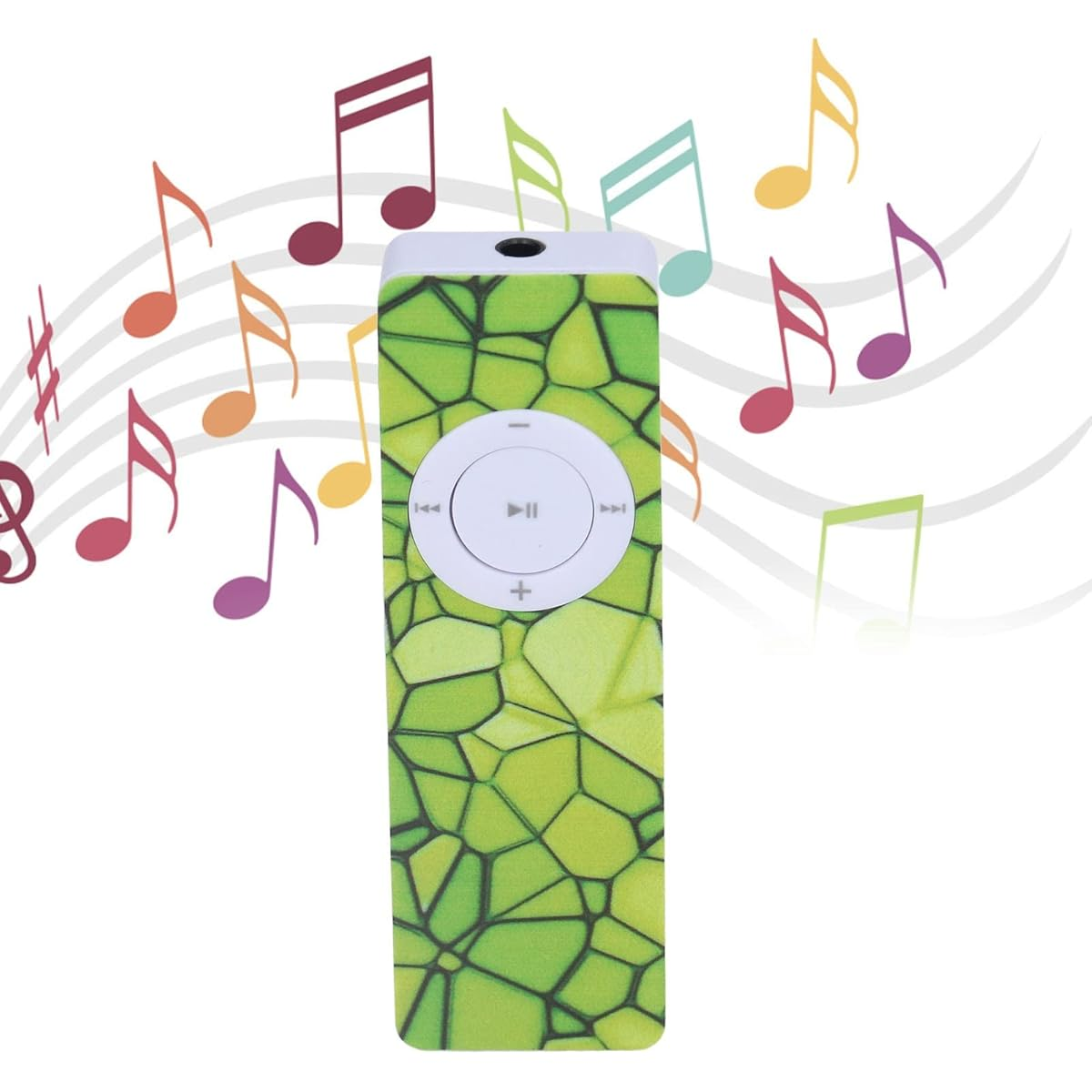 Grünes, gemustertes MP3-Player mit kreisförmigen Bedienelementen. Musiknoten im Hintergrund.