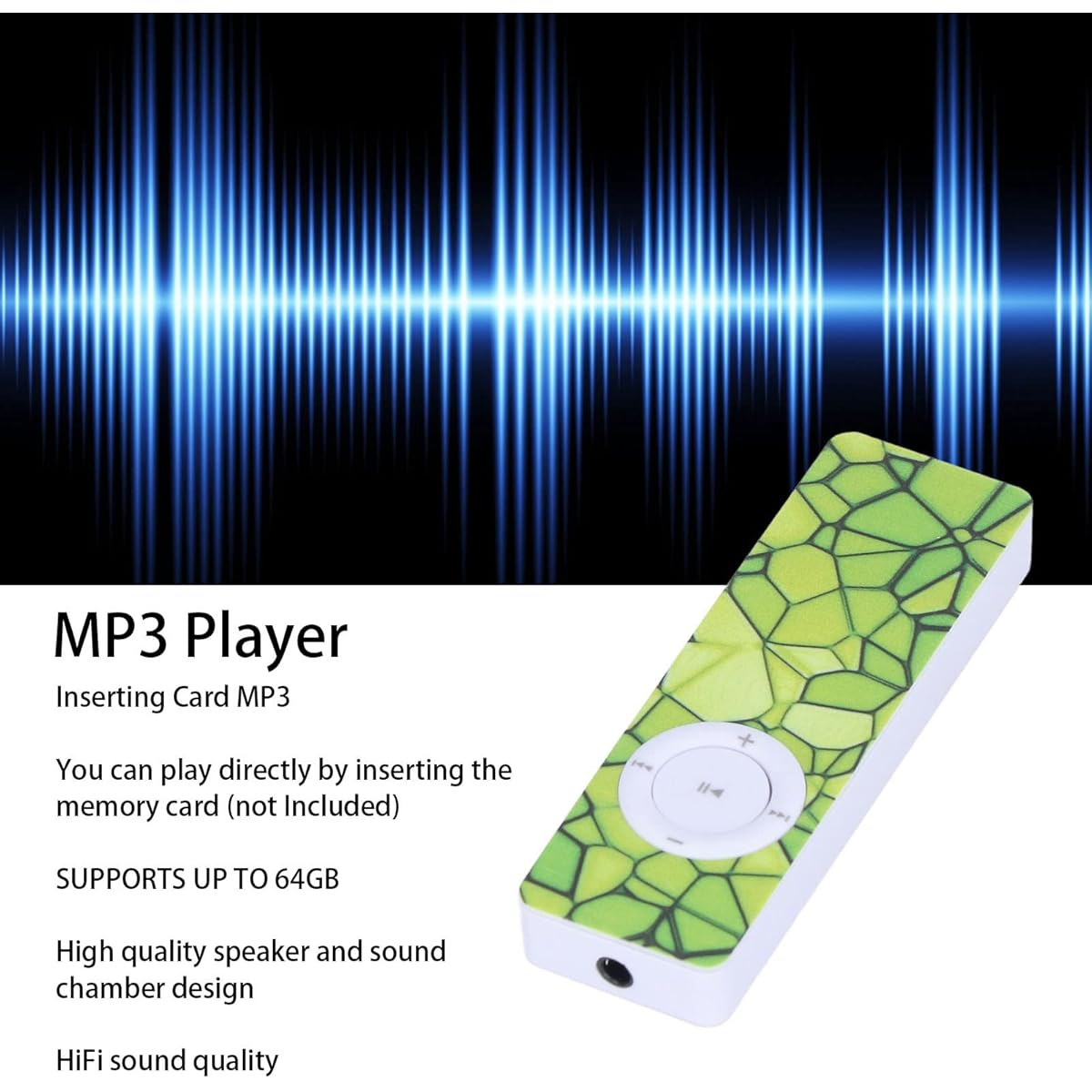 Ein MP3-Player mit grün gemusterter Oberfläche. Der Player hat Knöpfe und Text, der seine Funktionen beschreibt, vor blauen Wellen.