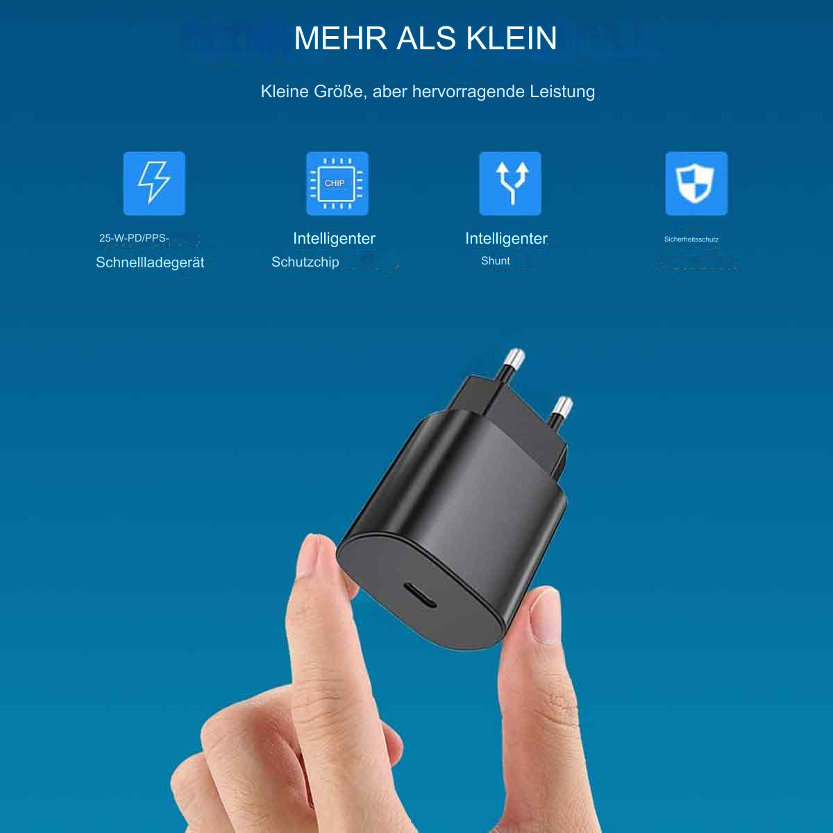 Schwarzes Ladegerät mit USB-C-Anschluss, gehalten von Fingern. Text beschreibt Funktionen: Schnellladen und Schutz.