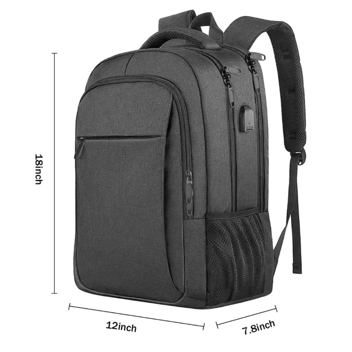 Schwarzer Rucksack mit angegebenen Abmessungen: 18 Zoll Höhe, 12 Zoll Breite und 7,8 Zoll Tiefe.