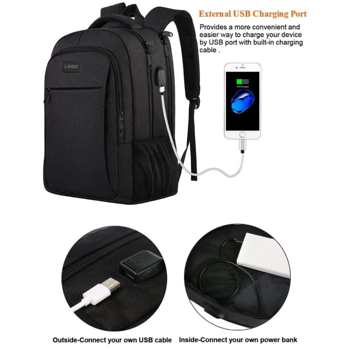 Schwarzer Rucksack mit weißem Kabel. Es gibt zwei Nahaufnahmen vom Inneren.