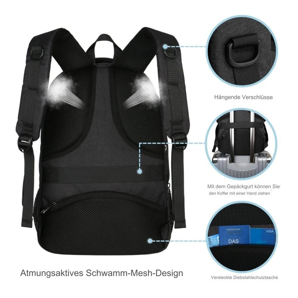Ein schwarzer Rucksack mit offenem Mesh-Rücken und Gepäckriemen.