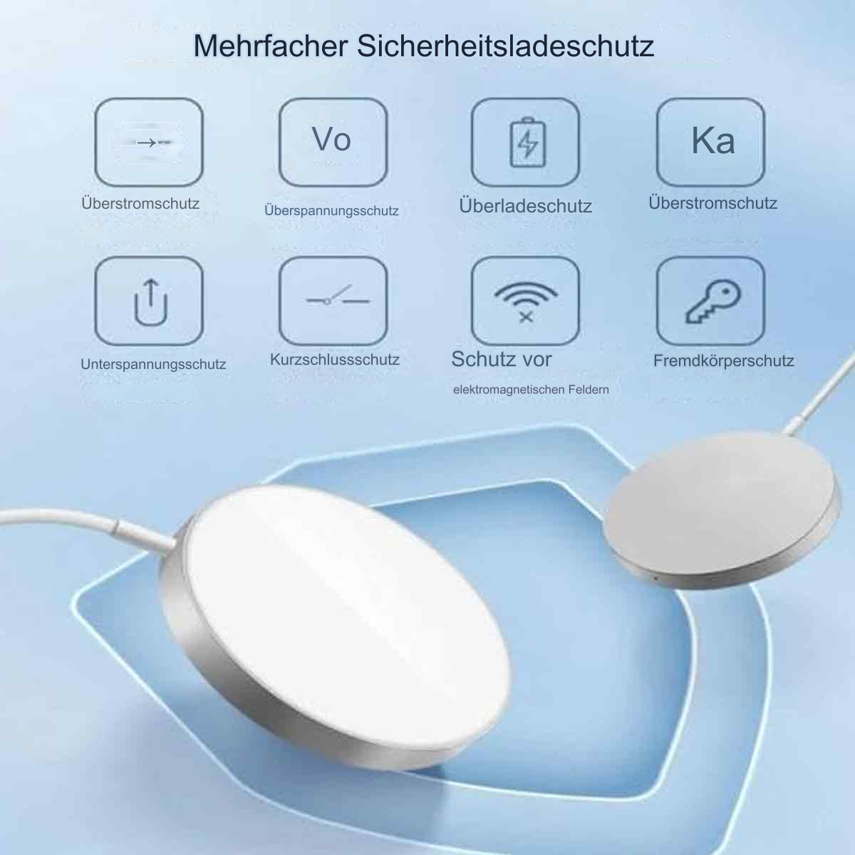 Weiße Ladestation mit mehreren Sicherheitssymbolen. Zwei Ladepads sind sichtbar.