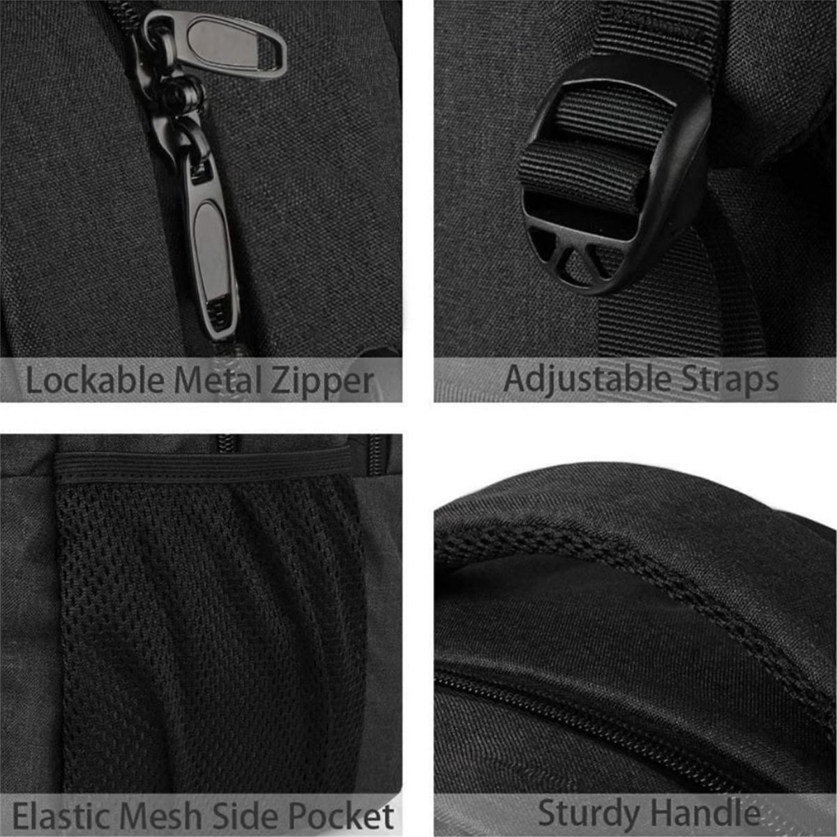 Nahaufnahmen eines schwarzen Rucksacks mit Reißverschluss, verstellbaren Trägern, Netztasche und Griff.